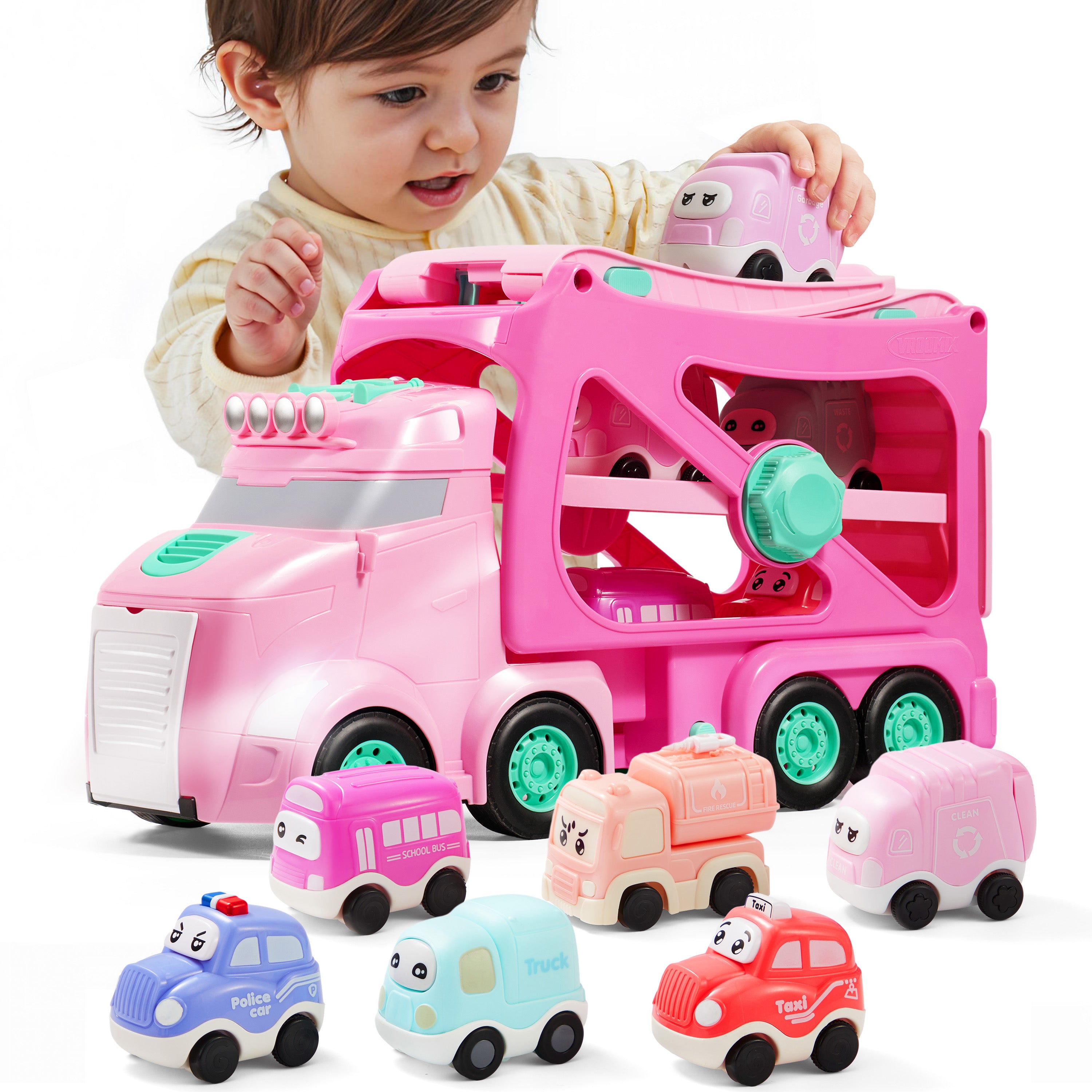 VROOMIX 7-in-1 Princess Pink Carrier Truck Set with Lights & Sounds