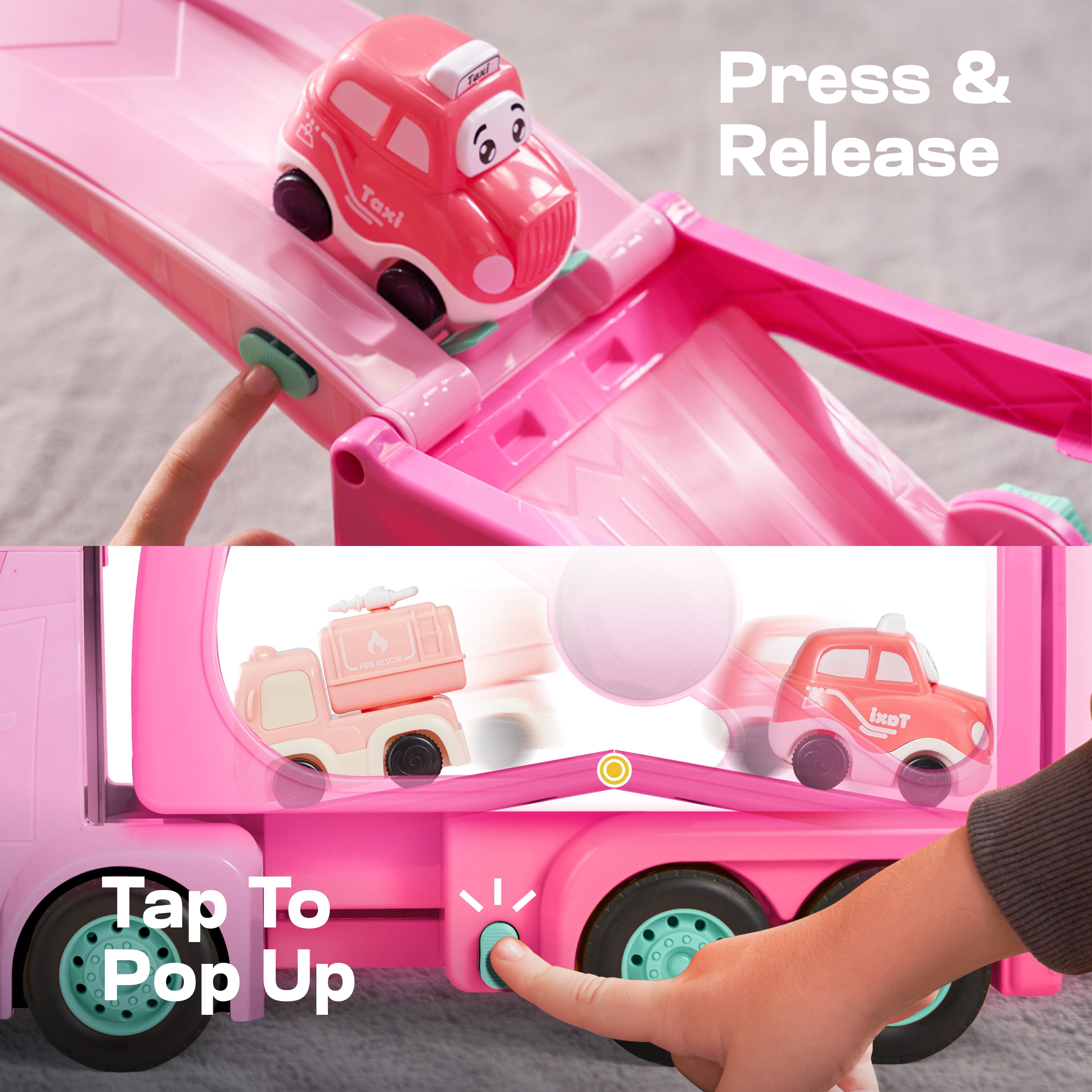 VROOMIX 7-in-1 Princess Pink Carrier Truck Set with Lights & Sounds