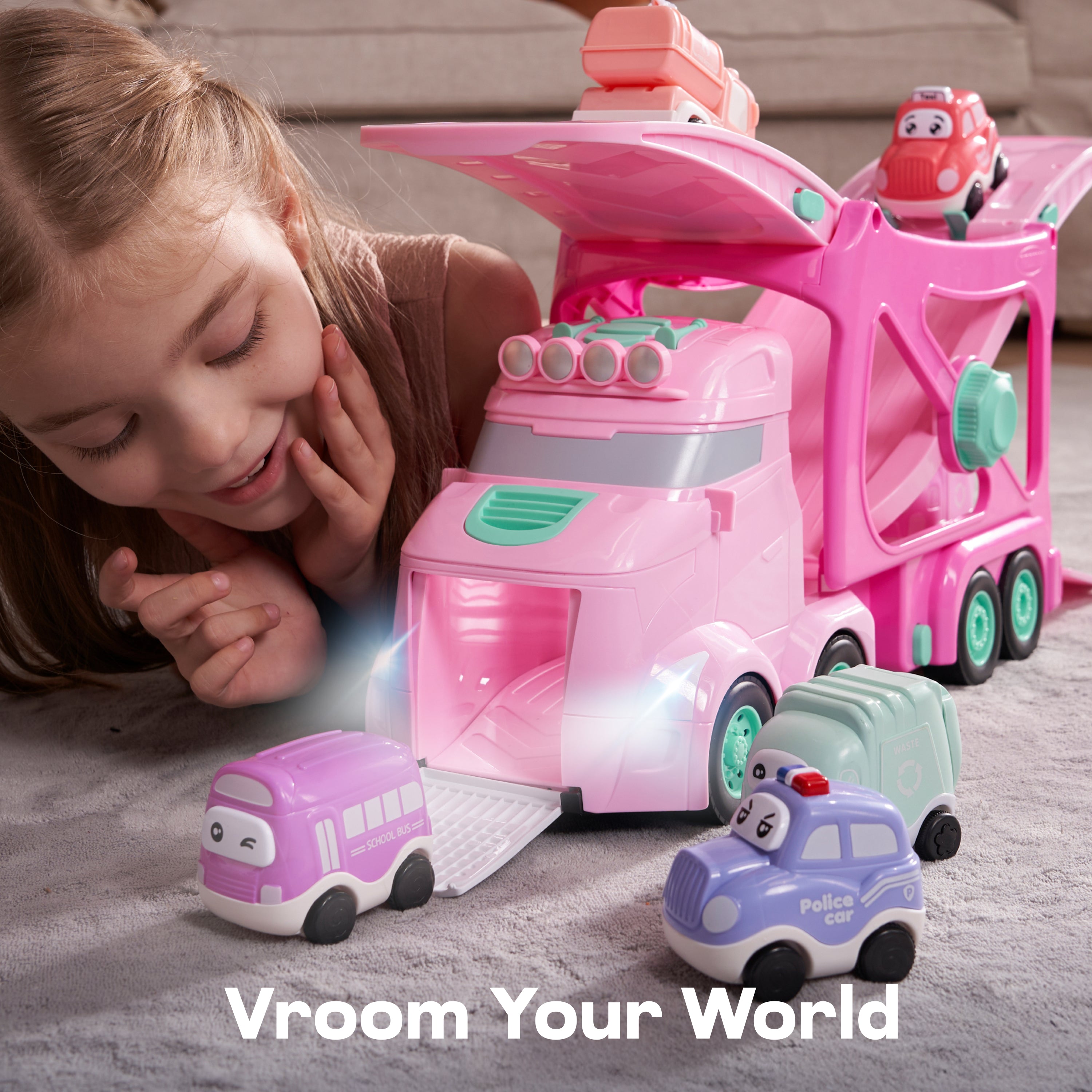 VROOMIX 7-in-1 Princess Pink Carrier Truck Set with Lights & Sounds
