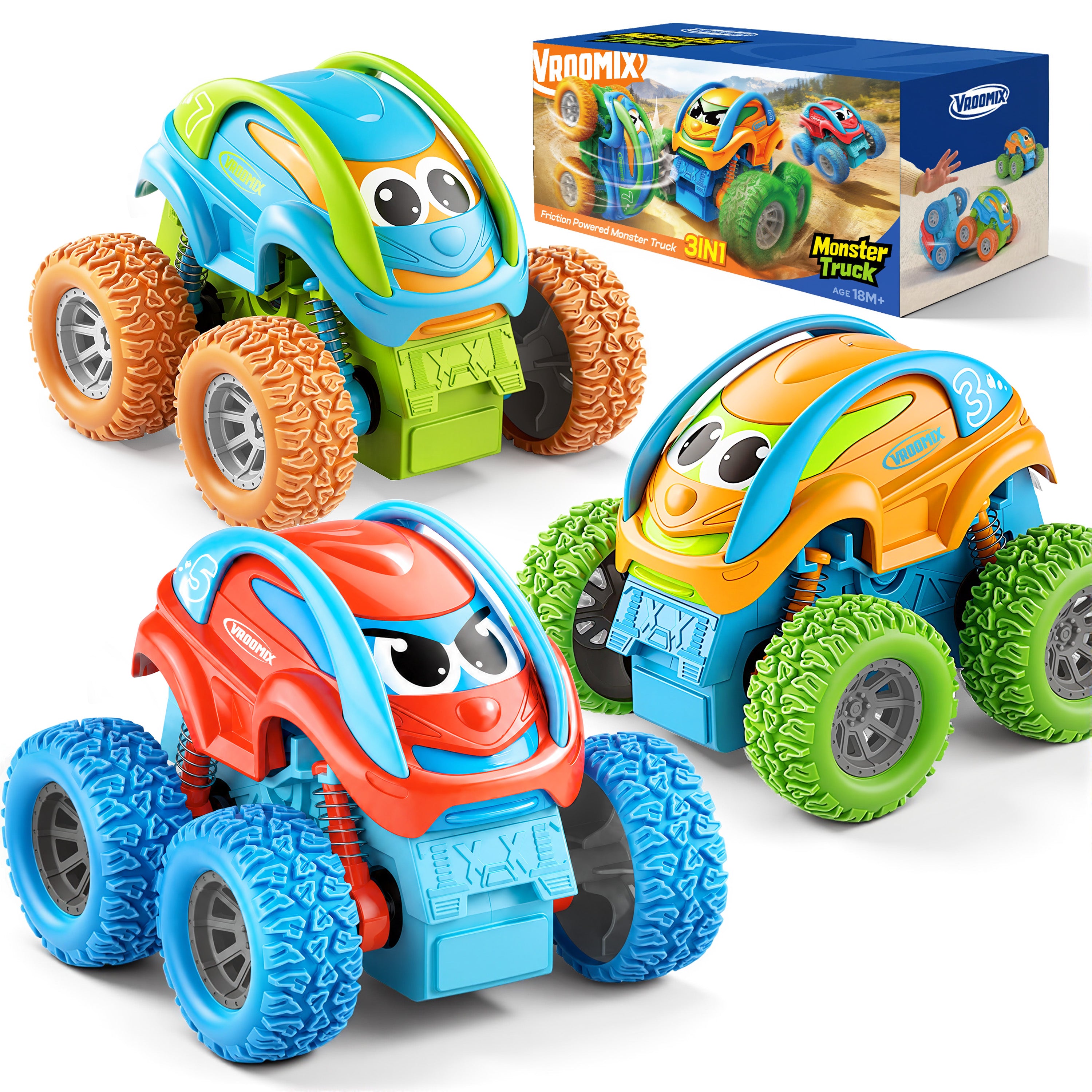 VROOMIX 3-Pack Friction Powered Flip Monster Truck Set