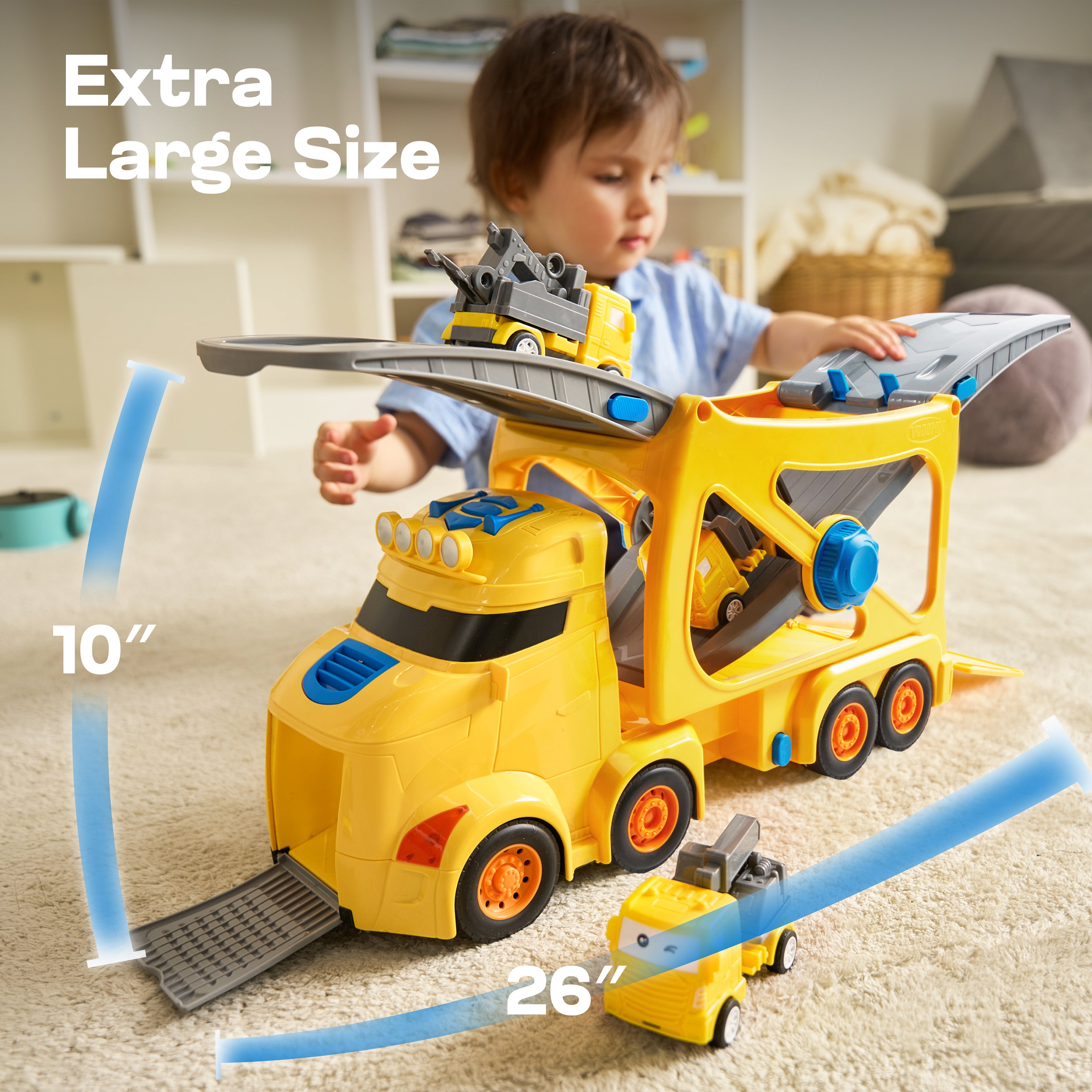 VROOMIX 7-in-1 Construction Transport Carrier Truck Set with Lights & Sounds