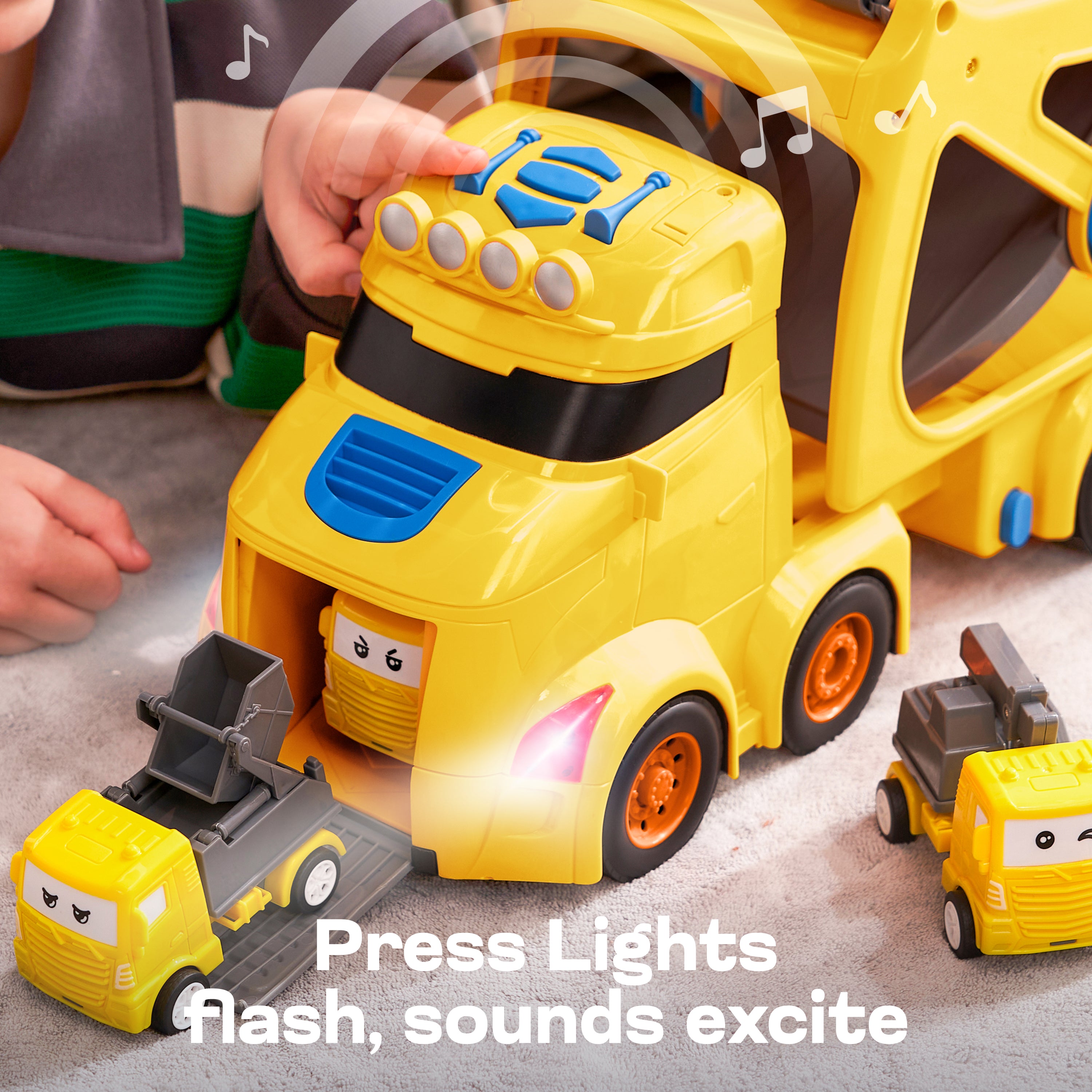VROOMIX 7-in-1 Construction Transport Carrier Truck Set with Lights & Sounds