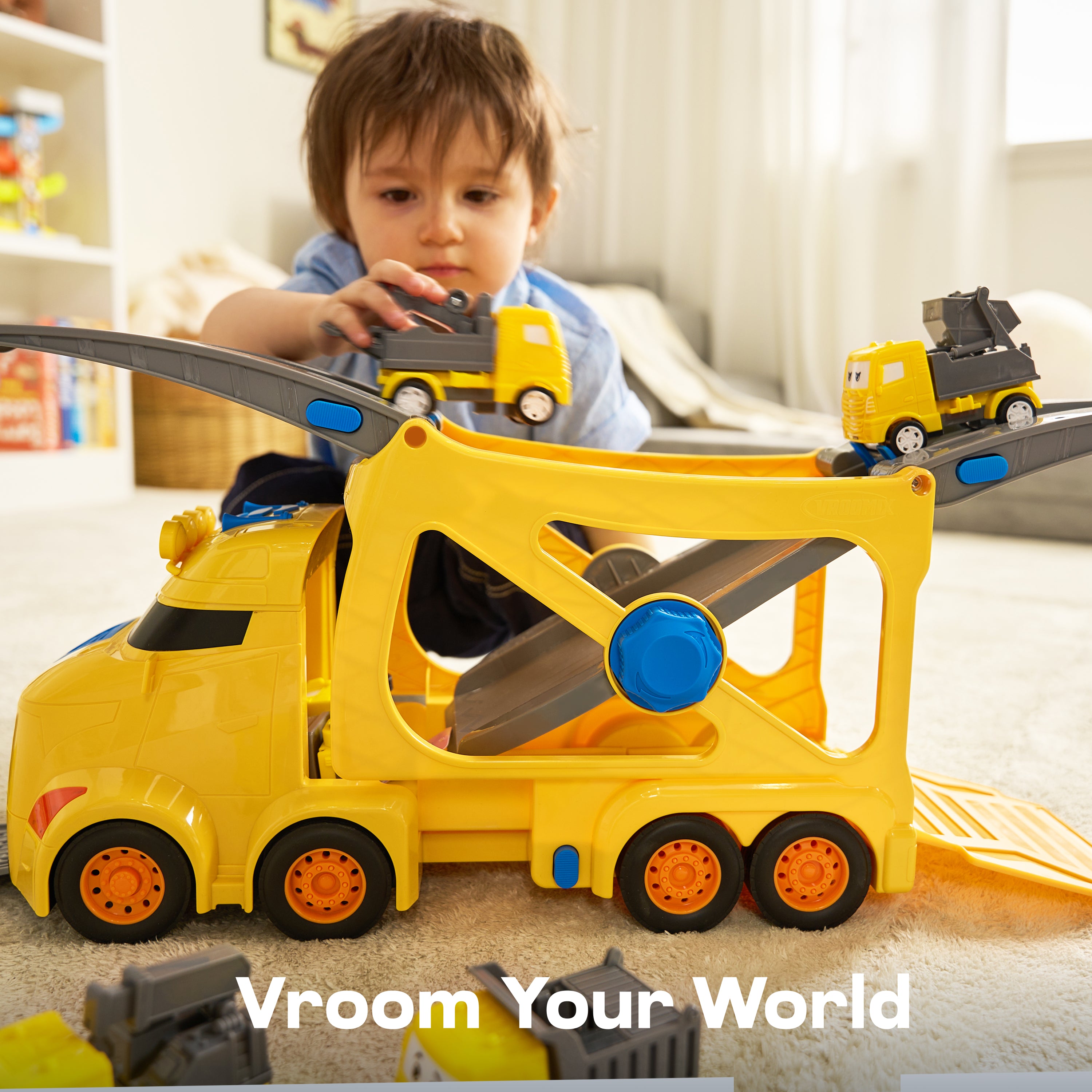 VROOMIX 7-in-1 Construction Transport Carrier Truck Set with Lights & Sounds