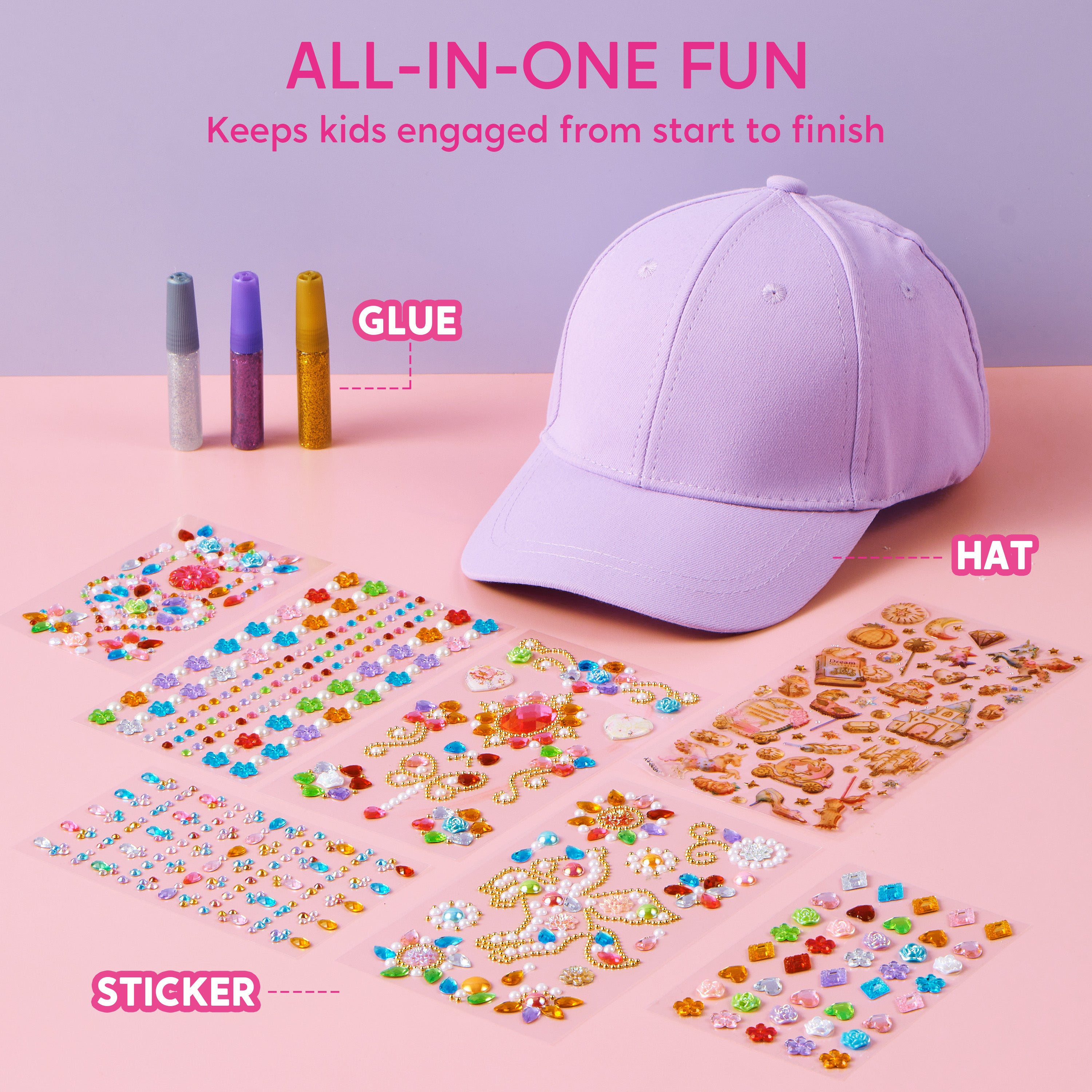 Klever Kits DIY Gem Baseball Cap Craft Kit for Girls Ages 6-8
