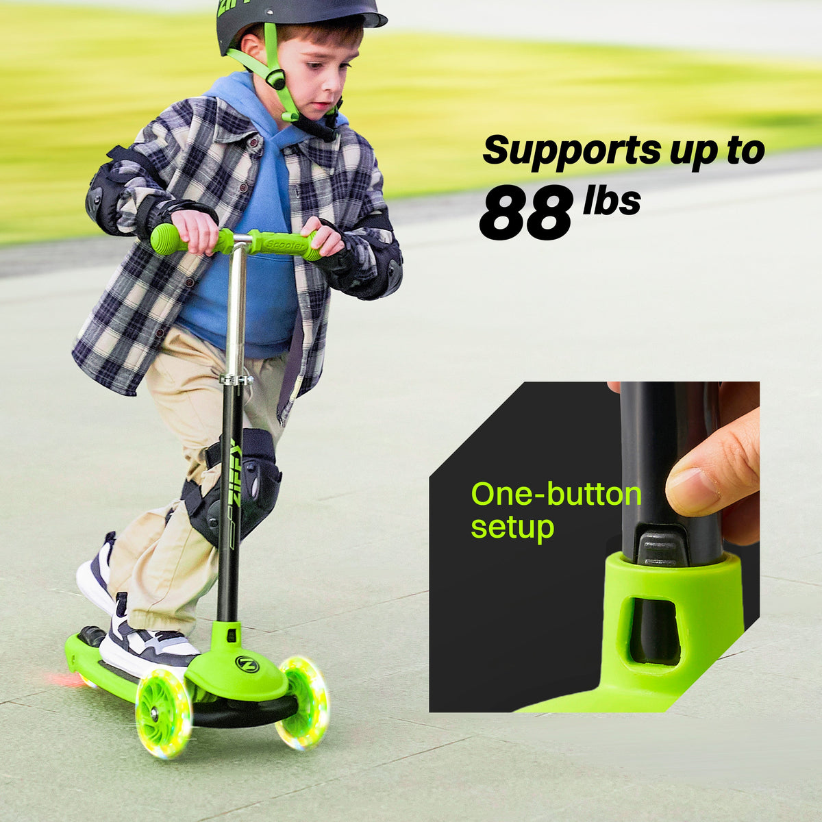 JOVA-ZIFFY 3 Wheel Scooter for Kids 3-5 - LED Light-Up Wheels, Green