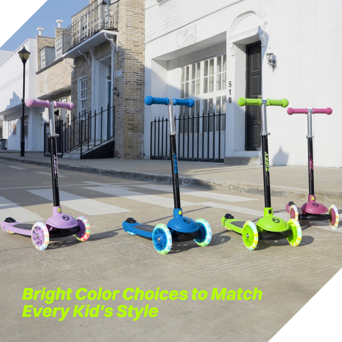 JOVA-ZIFFY 3 Wheel Scooter for Kids 3-5 - LED Light-Up Wheels, Green