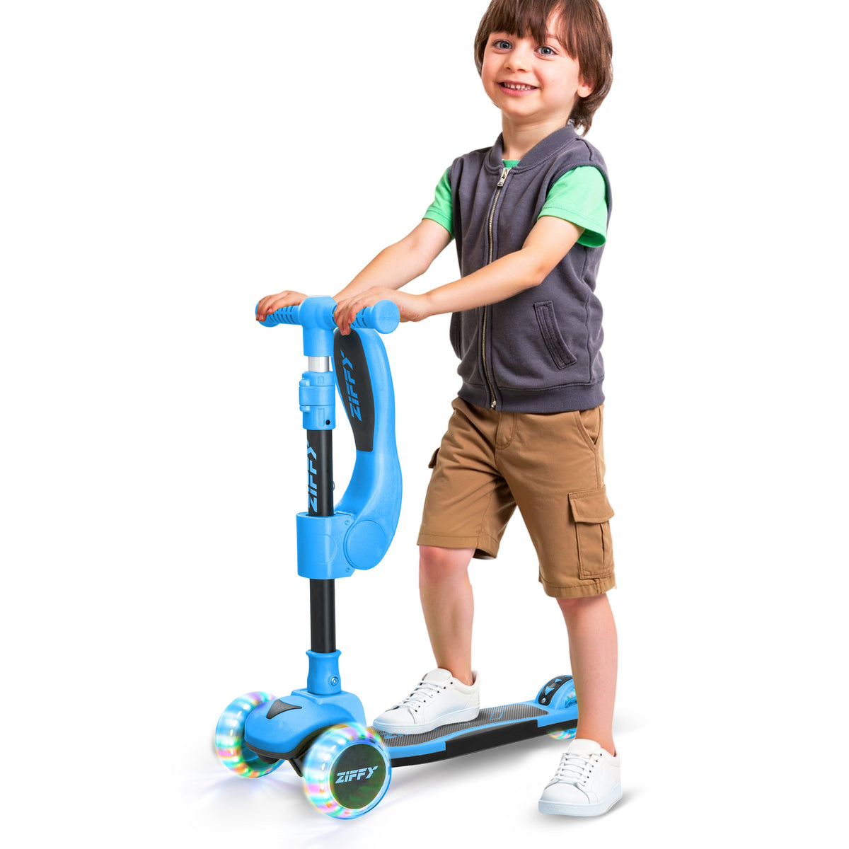 JOVA-ZIFFY 2-in-1 Kids Scooter with Seat - Light-Up 3 Wheel Scooter, Blue
