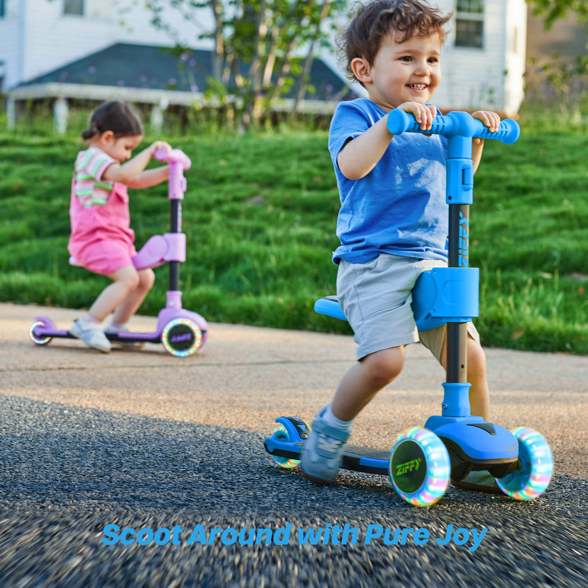 JOVA-ZIFFY 2-in-1 Kids Scooter with Seat - Light-Up 3 Wheel Scooter, Blue