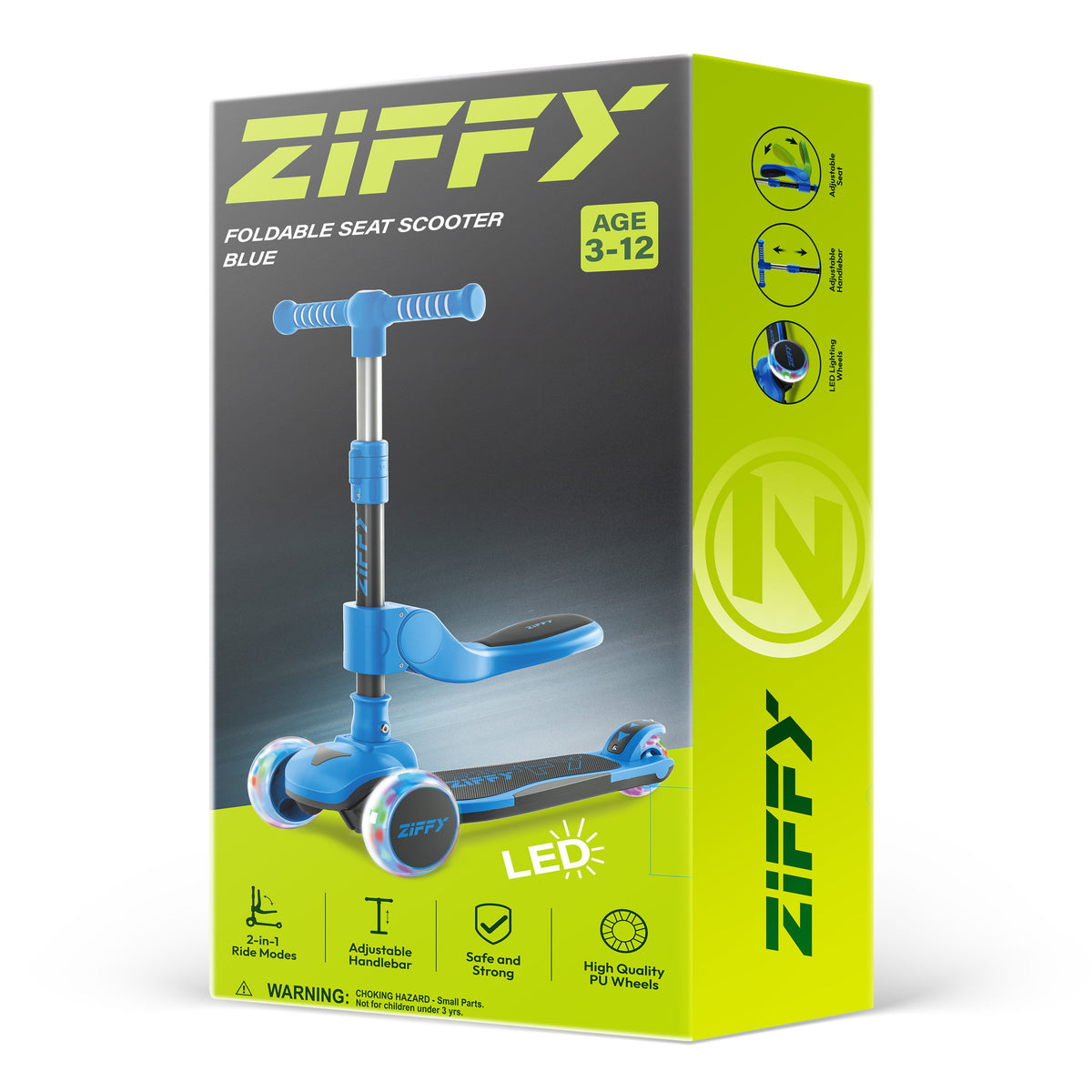 JOVA-ZIFFY 2-in-1 Kids Scooter with Seat - Light-Up 3 Wheel Scooter, Blue
