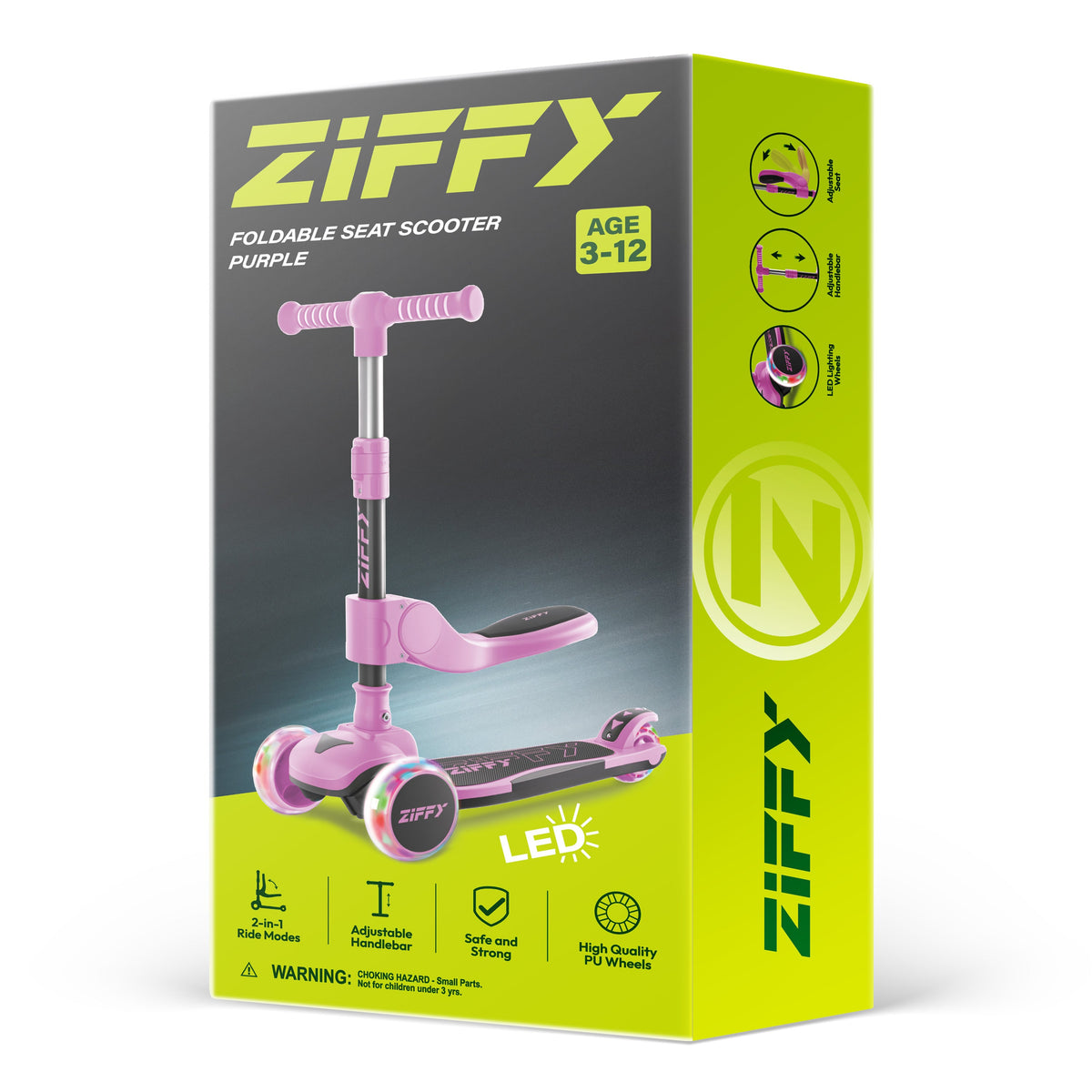 JOVA-ZIFFY 2-in-1 Kids Scooter with Seat - Light-Up 3 Wheel Scooter, Purple