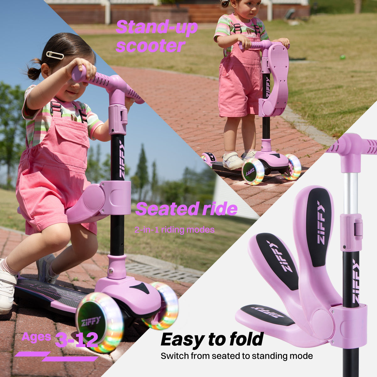JOVA-ZIFFY 2-in-1 Kids Scooter with Seat - Light-Up 3 Wheel Scooter, Purple