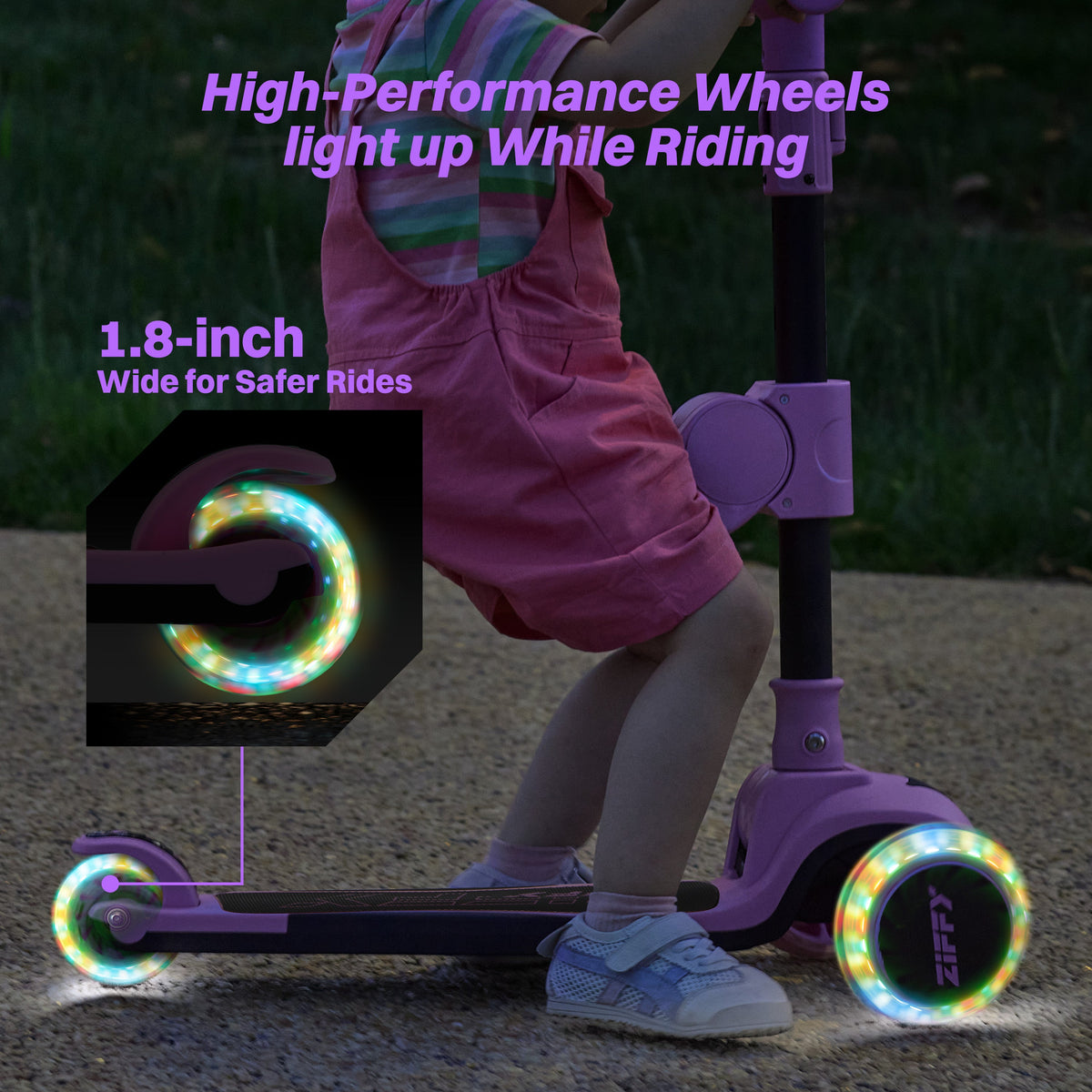 JOVA-ZIFFY 2-in-1 Kids Scooter with Seat - Light-Up 3 Wheel Scooter, Purple