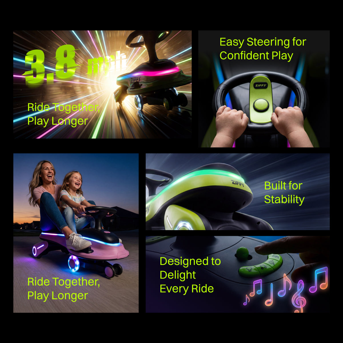 JOVA-ZIFFY 45W Electric Wiggle Car - Light-Up Ride-On Toy, Green