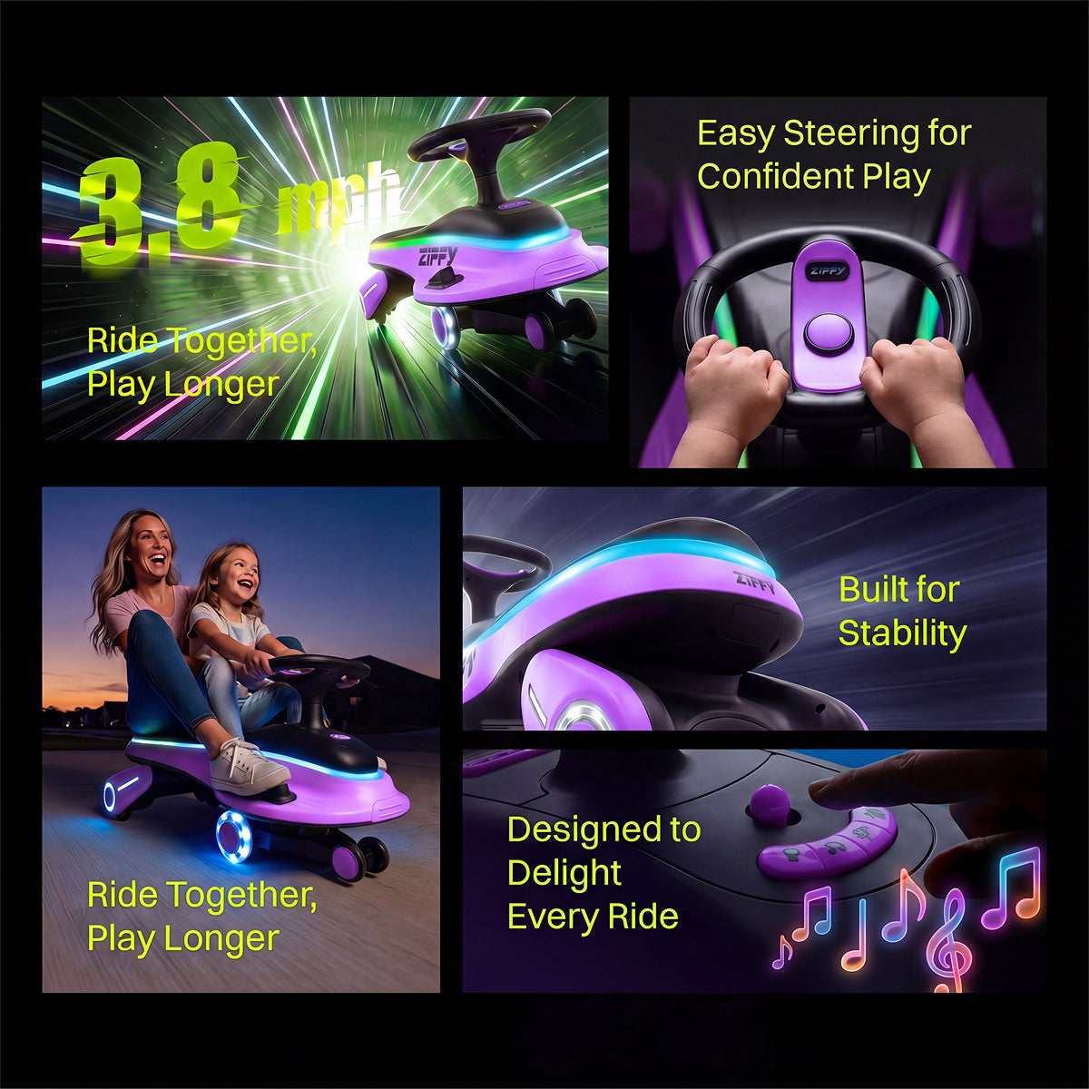 JOVA-ZIFFY 45W Electric Wiggle Car - Light-Up Ride-On Toy, Purple