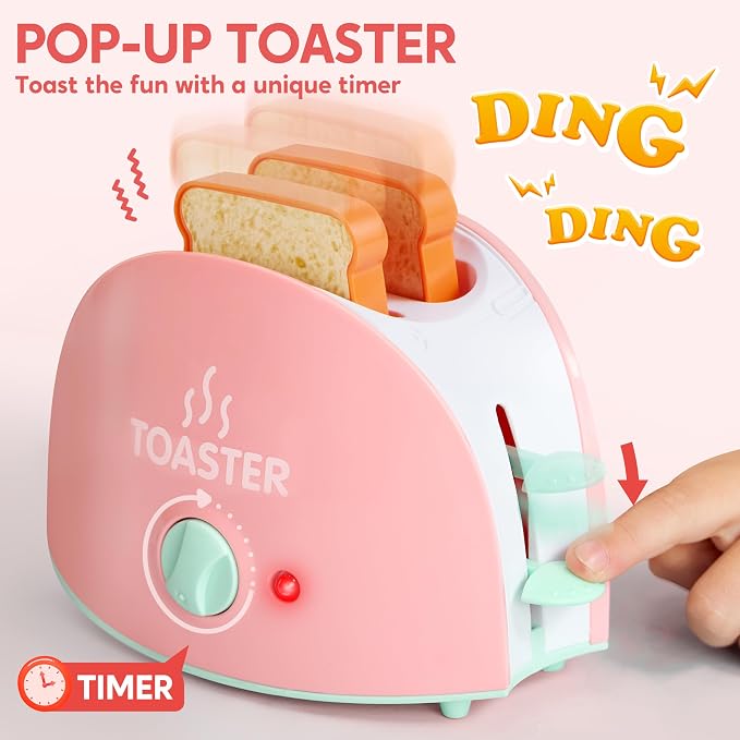Play-Act Play Kitchen Toy Set – Pink Coffee Maker, Mixer & Toaster with Lights