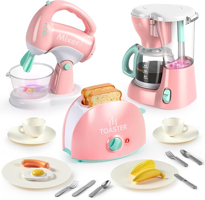 Play-Act Play Kitchen Toy Set – Pink Coffee Maker, Mixer & Toaster with Lights