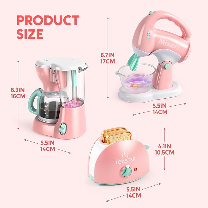 Play-Act Play Kitchen Toy Set – Pink Coffee Maker, Mixer & Toaster with Lights