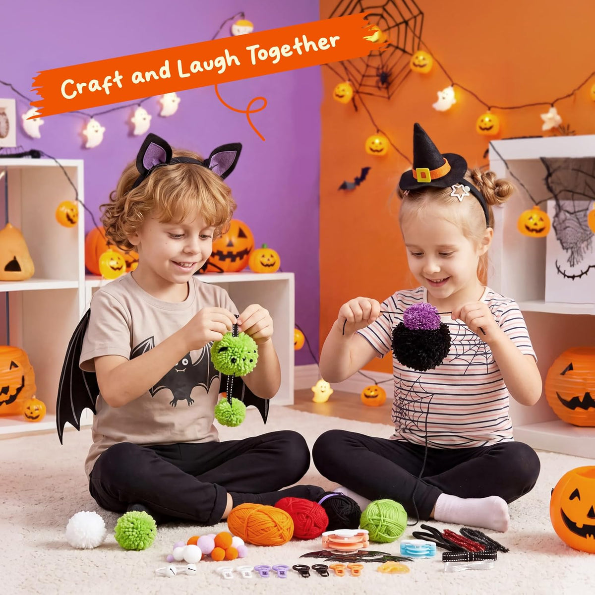 Klever Kits Halloween Pom Pom Monster Kits - DIY Plush Keychain Craft