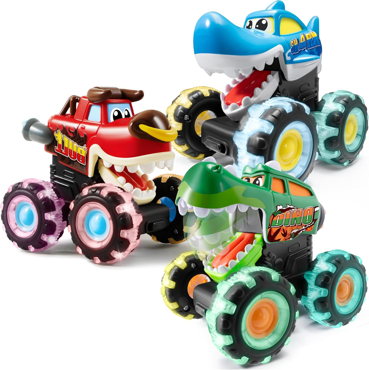 VROOMIX 3 Pack Monster Truck Toy - Motion Activated LED Light Up Cars