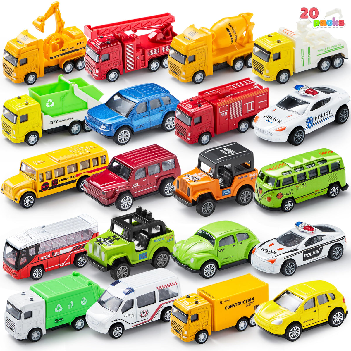 VROOMIX 20-Piece Die-Cast Pull-Back Race Car Toy Set for Kids