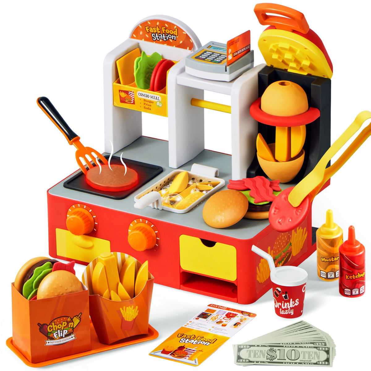 Play-Act 40+ PCS Restaurant Play Food Set - Fast Food Playset with Lights