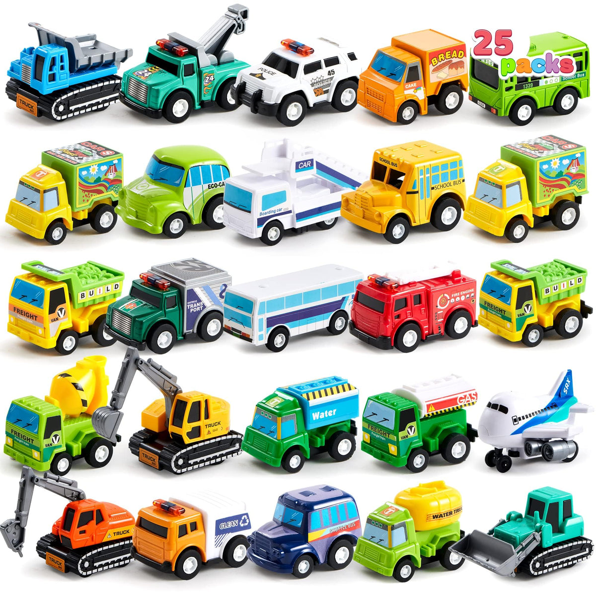 VROOMIX 25-Piece Pull-Back Cars & Trucks Toy Vehicle Set for Kids