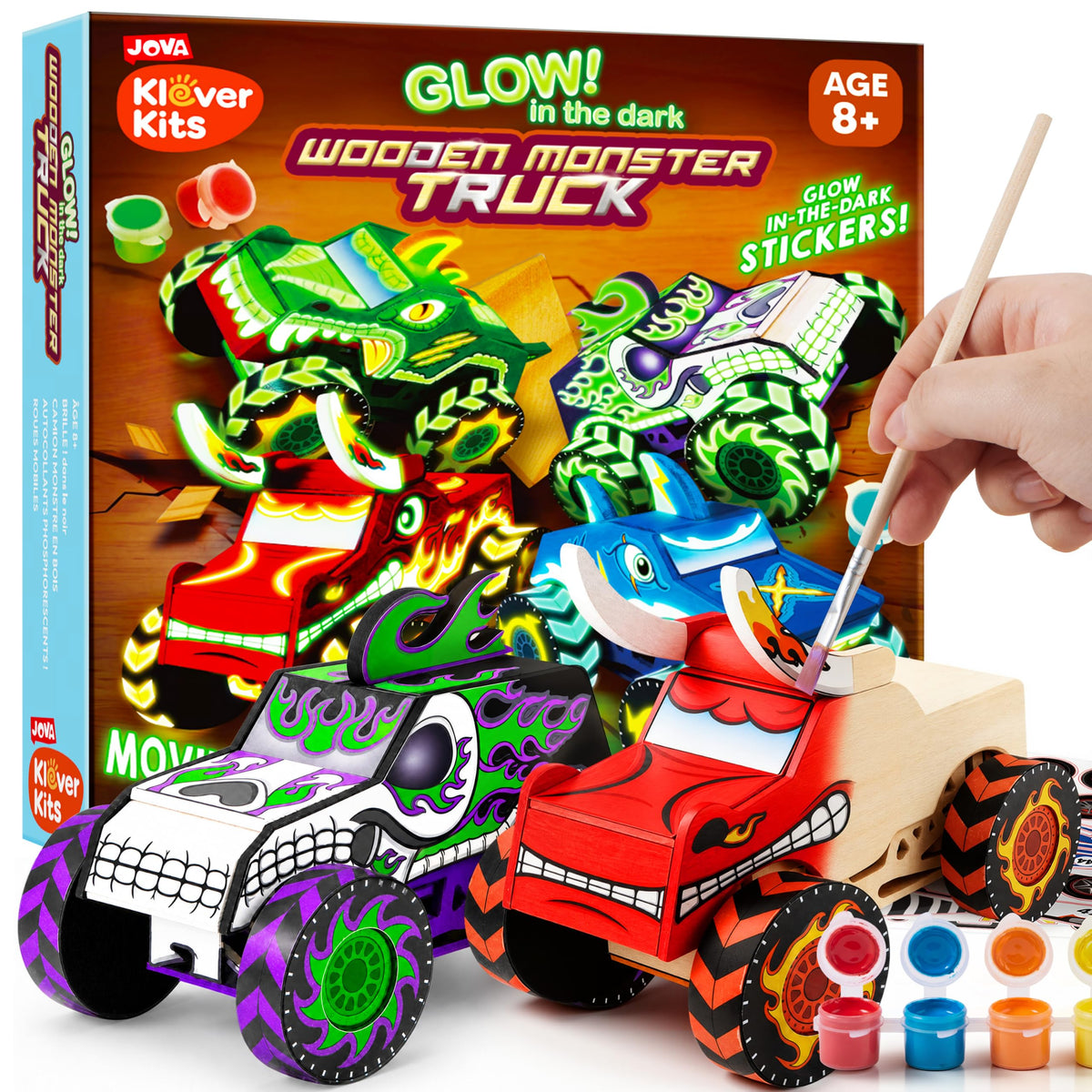 Klever Kits 4 DIY Wooden Monster Trucks - Build & Paint Glow in the Dark