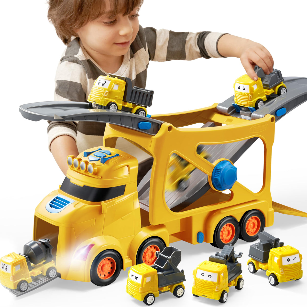 VROOMIX 7-in-1 Construction Transport Carrier Truck Set with Lights & Sounds
