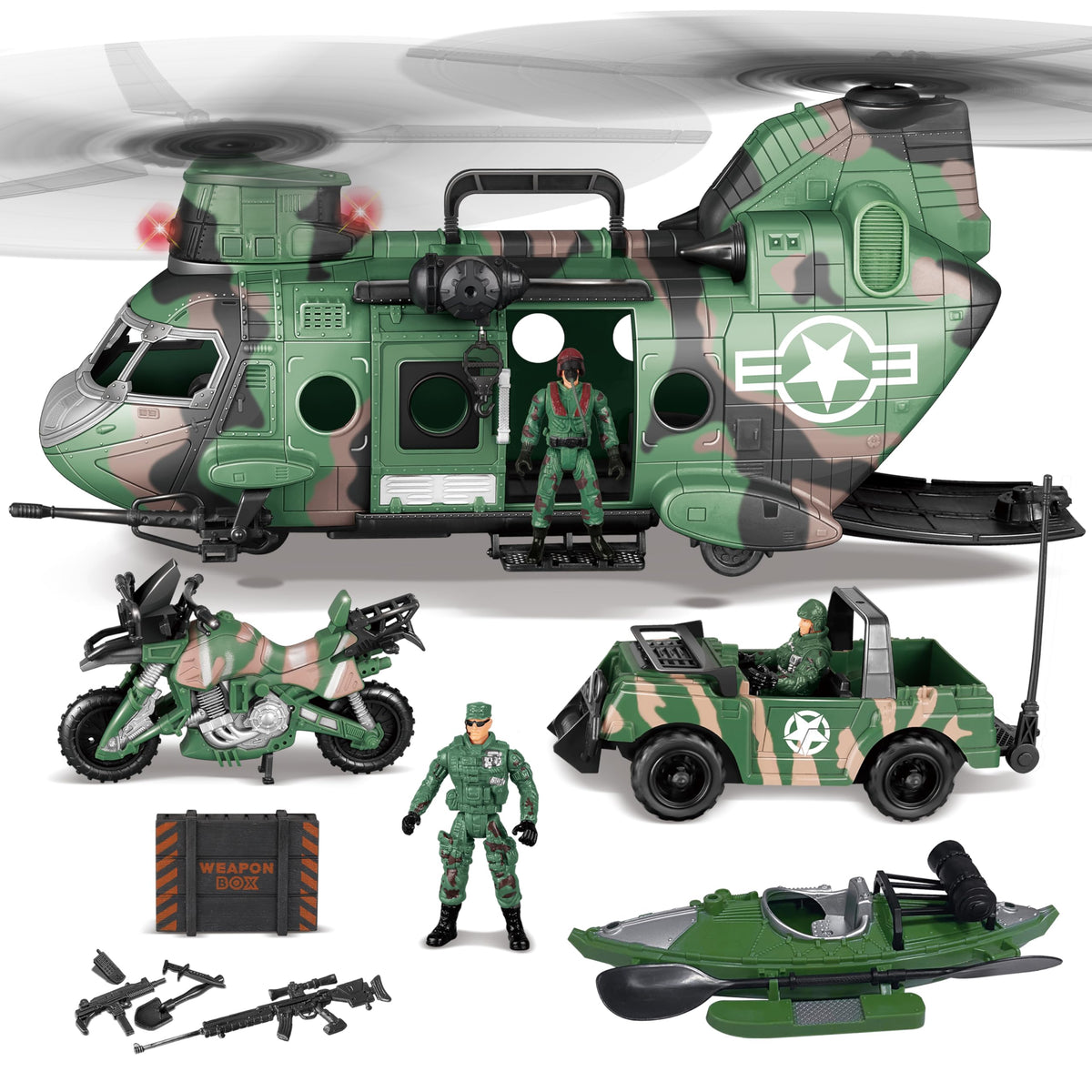 VROOMIX 10-in-1 Military Helicopter & Vehicle Toy Set with Lights & Sounds