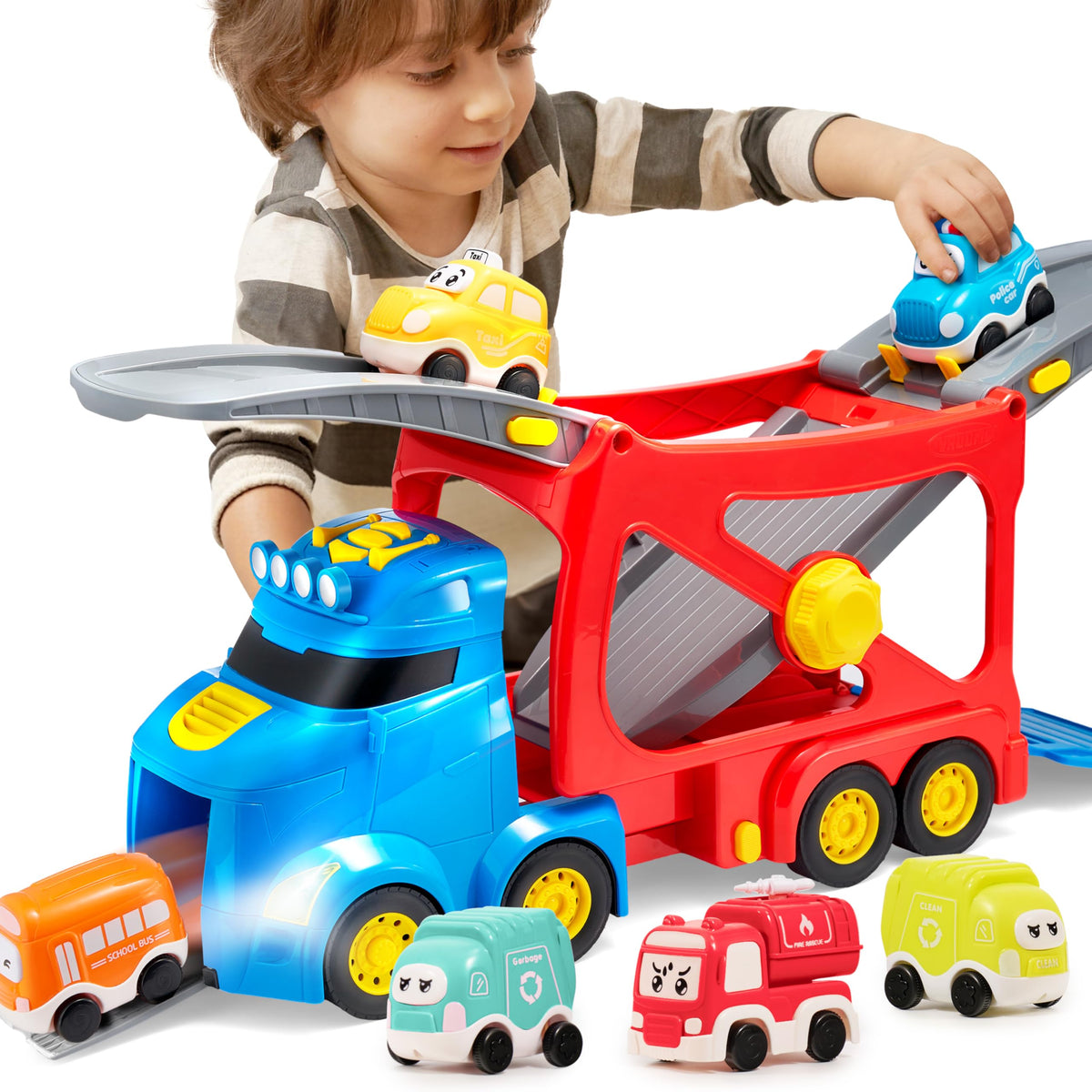 VROOMIX 7-in-1 City Transport Carrier Truck Set with Lights & Sounds