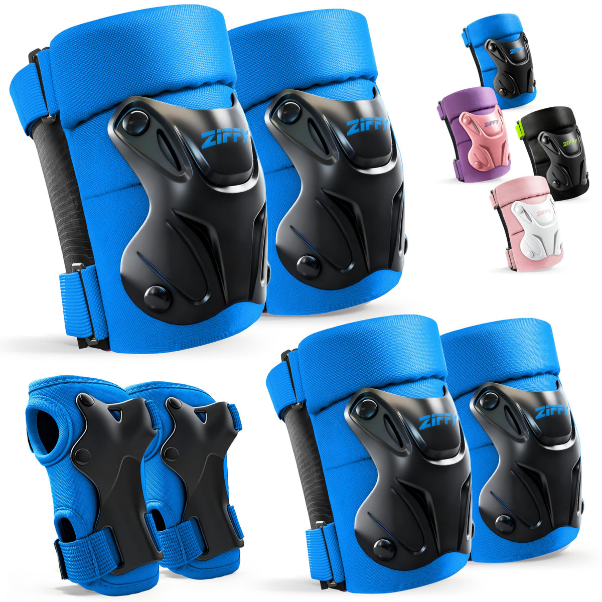 ZIFFY Kids Knee & Elbow Pads Set with Wrist Guards - Adjustable Protective Gear