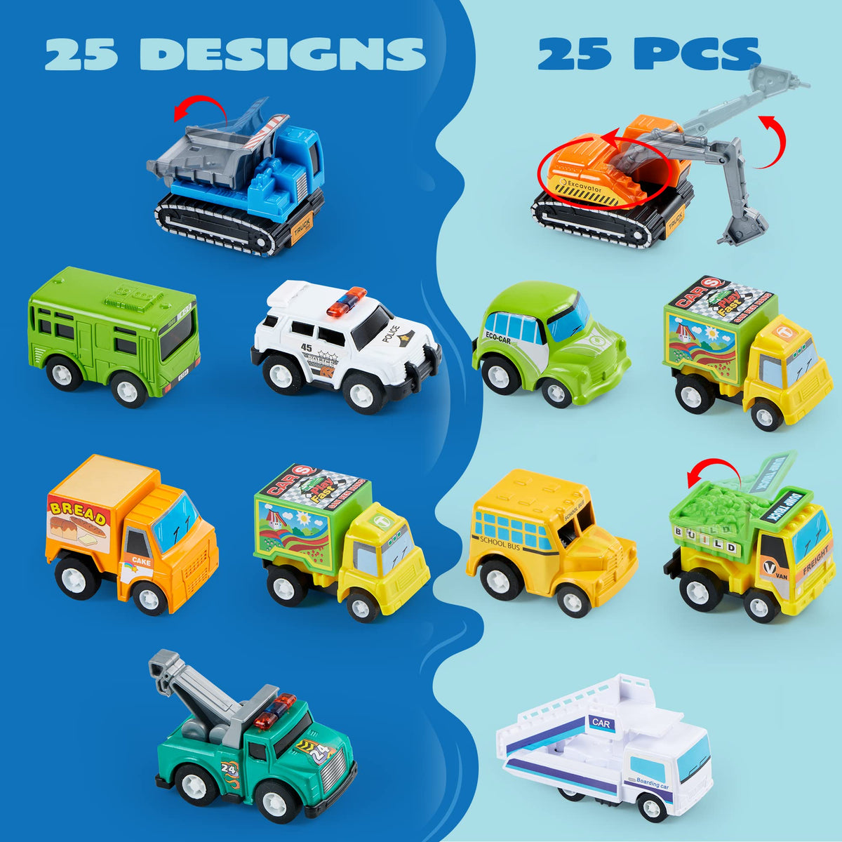 VROOMIX 25-Piece Pull-Back Cars & Trucks Toy Vehicle Set for Kids
