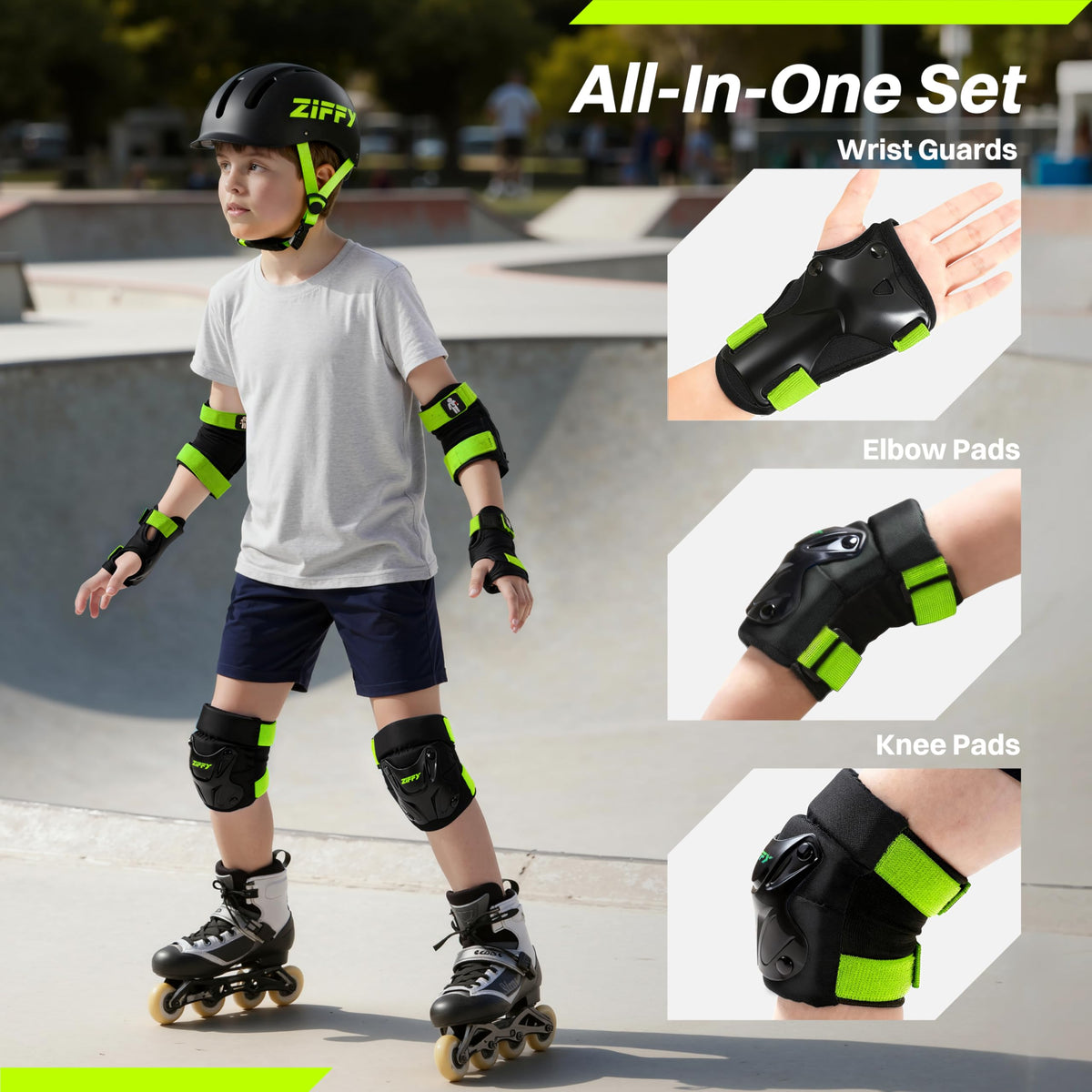 ZIFFY Kids Knee & Elbow Pads Set with Wrist Guards - Adjustable Protective Gear