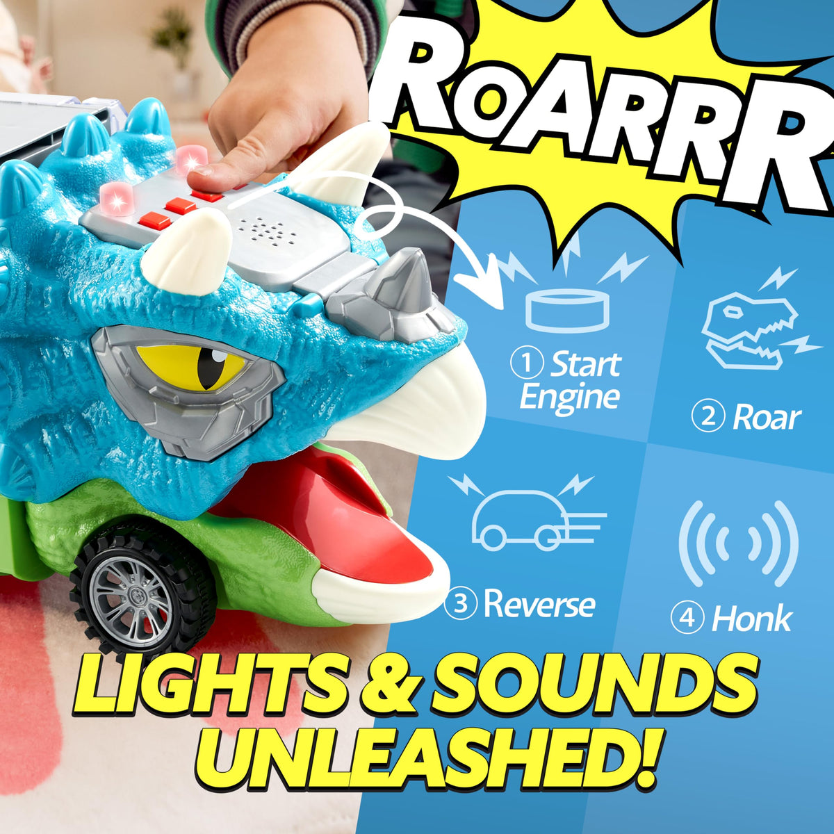 Vroomix Triceratops Carrier Truck - 6 Dinosaurs, Music & Lights