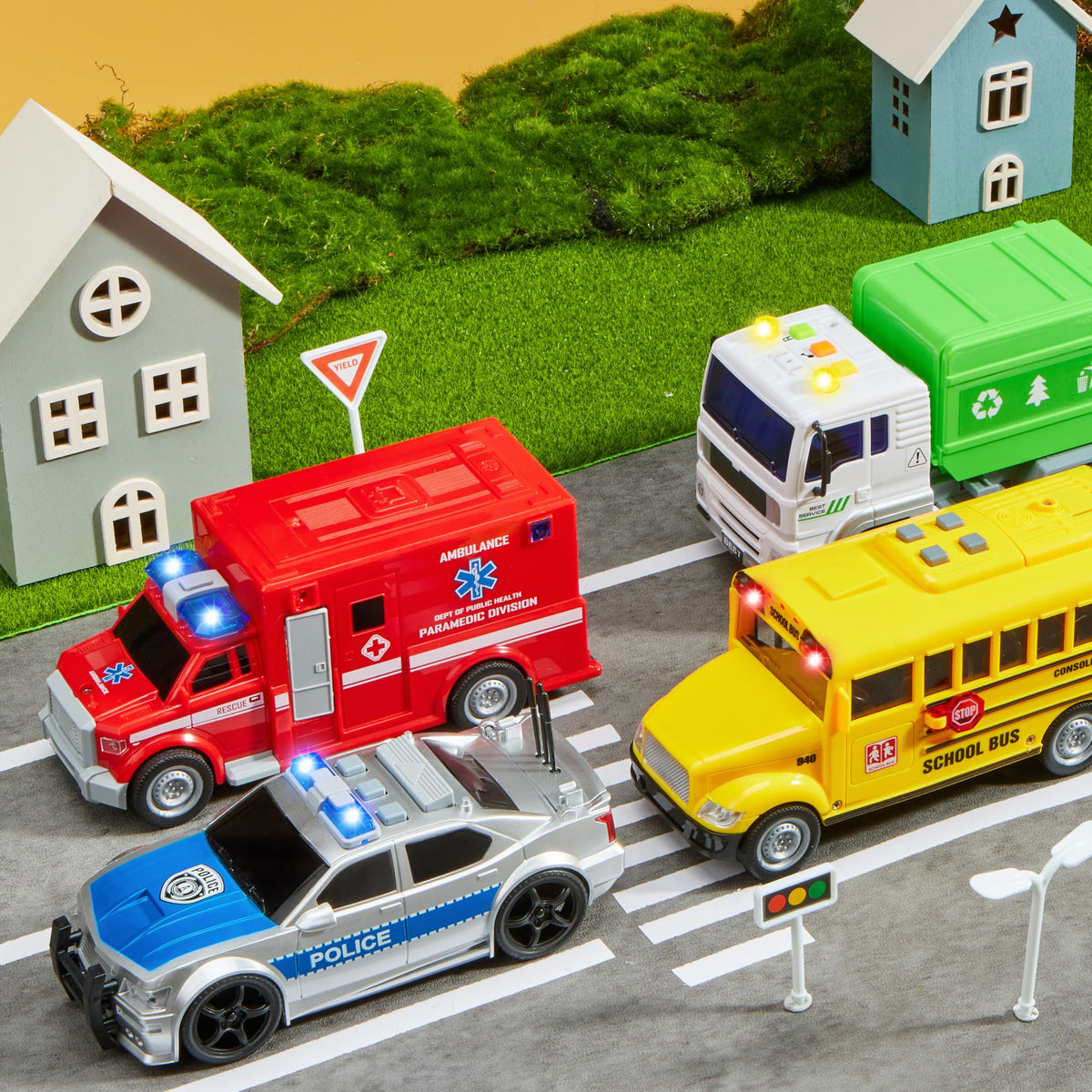 VROOMIX 4-Piece Emergency Vehicle Toy Set with Lights & Sounds