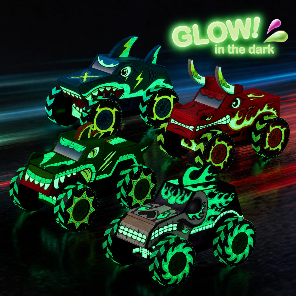 Klever Kits 4 DIY Wooden Monster Trucks - Build & Paint Glow in the Dark