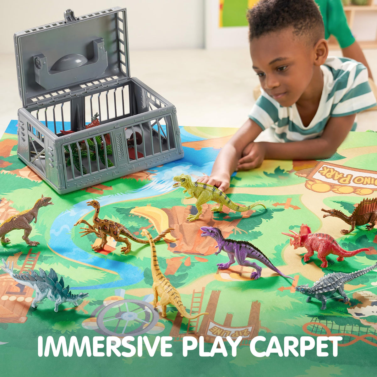 Play-Act 17 PCS Realistic Dinosaur Figures with Play Mat & Storage Cage