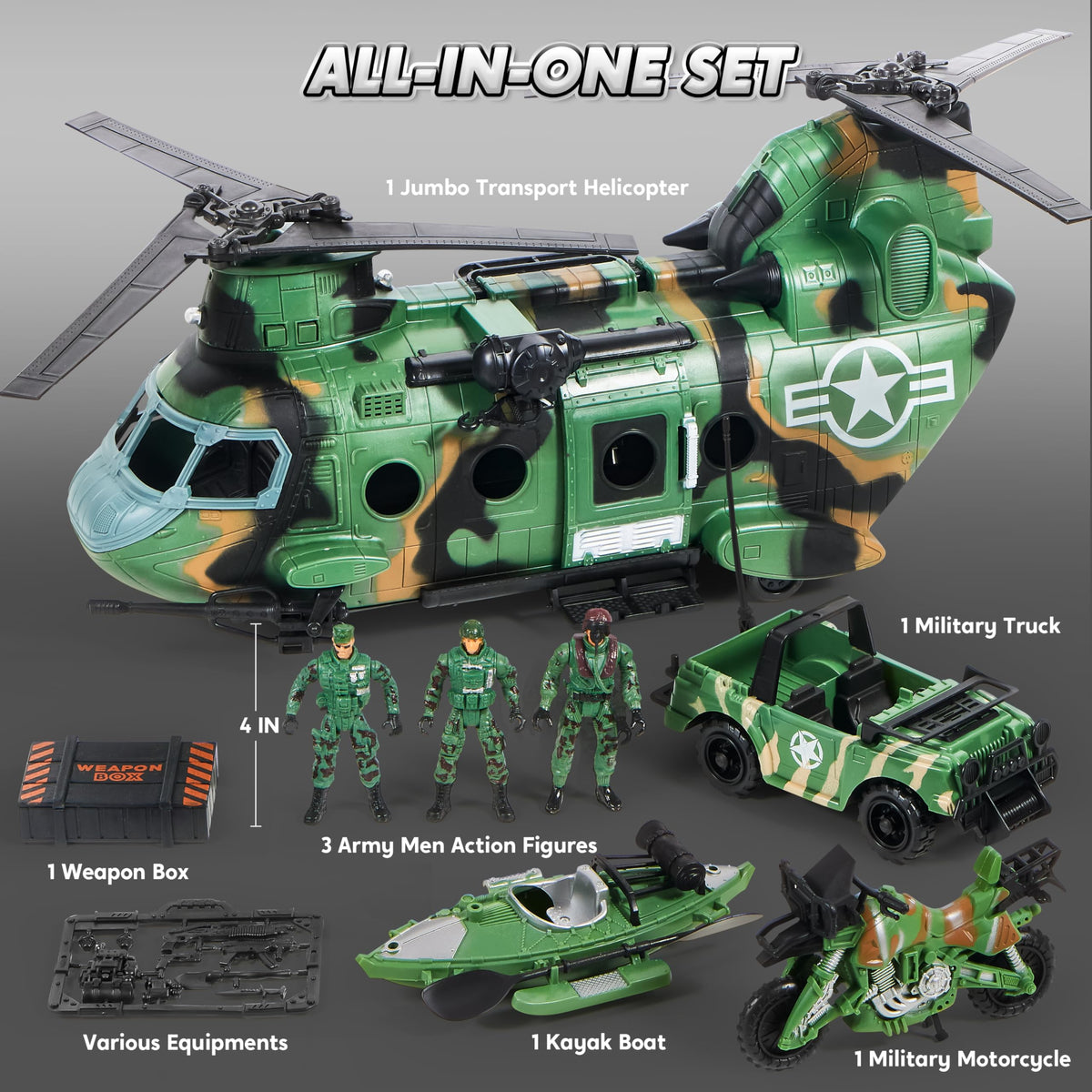 VROOMIX 10-in-1 Military Helicopter & Vehicle Toy Set with Lights & Sounds