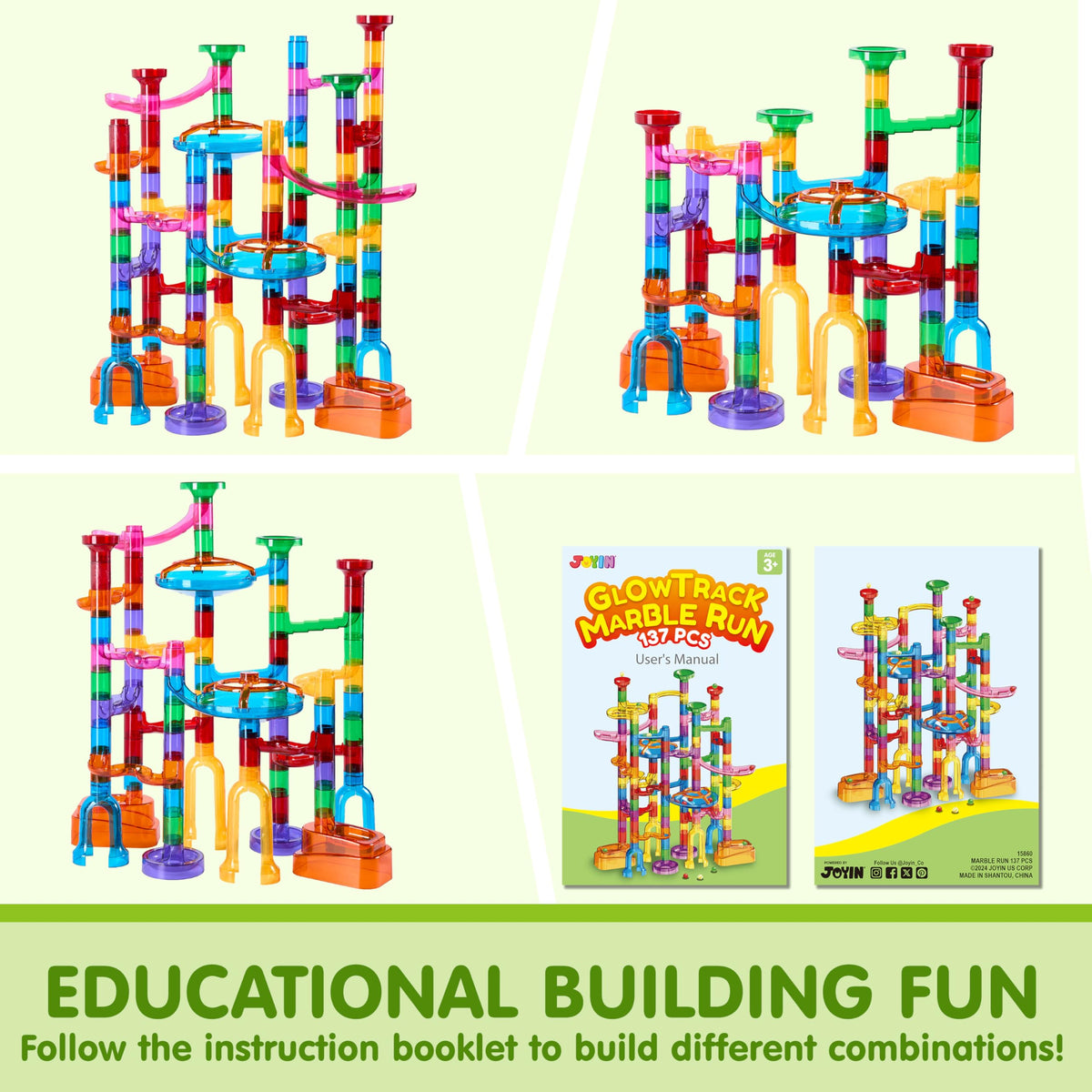 Play-Act 137 PCS Glow Marble Run - STEM Building Blocks Toy with 15 Marbles