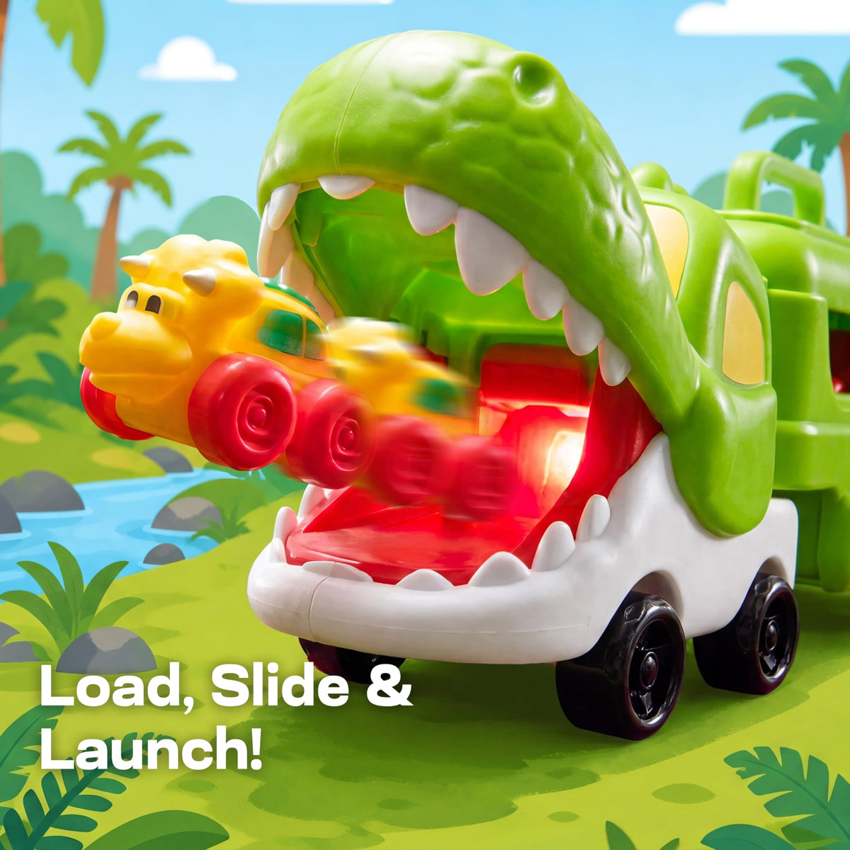 Vroomix Dinosaur Carrier Truck - 3 Rubber Cars & Slide Rails for 18M+