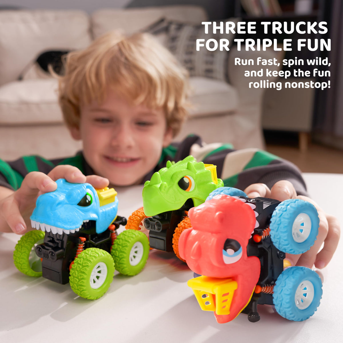 VROOMIX 3-Pack Friction Powered Dinosaur Monster Truck Toys for Kids