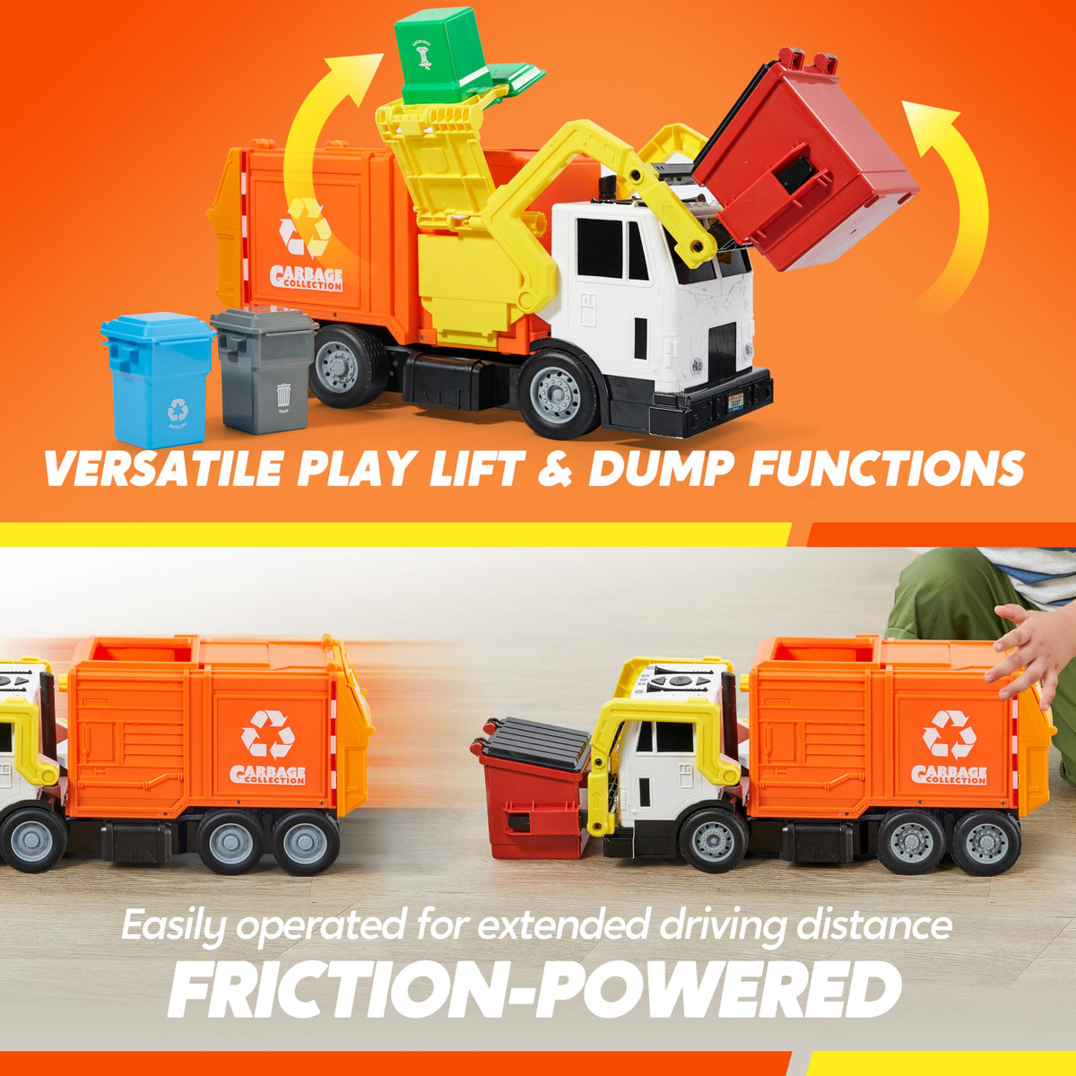 Vroomix Large Friction Powered Garbage Truck - Learning Cards, Orange