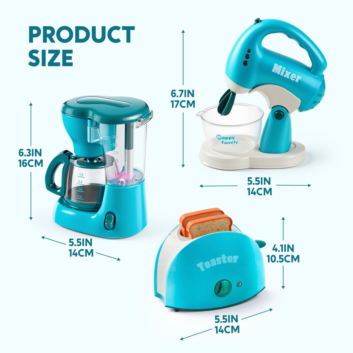 Play-Act Play Kitchen Toy Set – Blue Coffee Maker, Mixer & Toaster with Lights