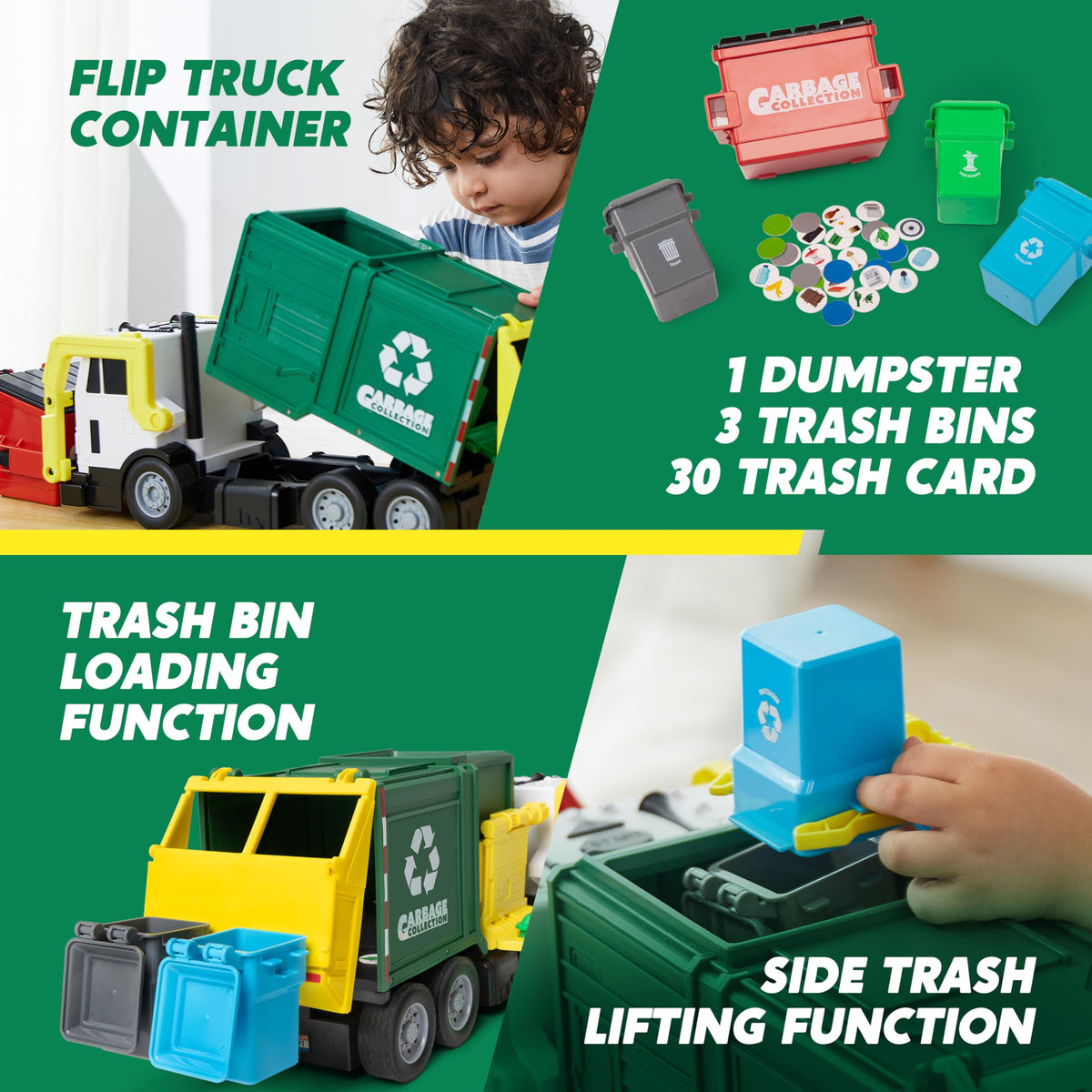 Vroomix Large Friction Powered Garbage Truck - 30 Learning Cards for Kids
