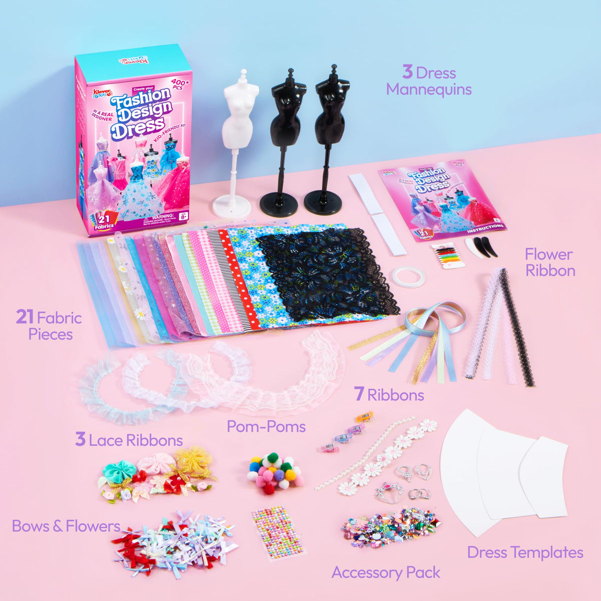 Klever Kits 400+ PCS Fashion Design Craft Kit - DIY Sewing with 3 Mannequins