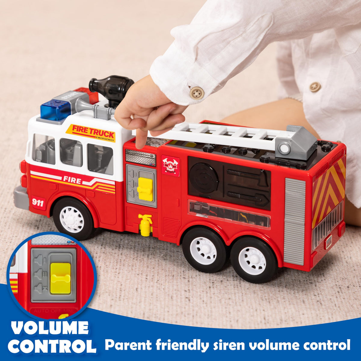 VROOMIX LED Bump & Go Fire Truck Toy with Sirens & Volume Control