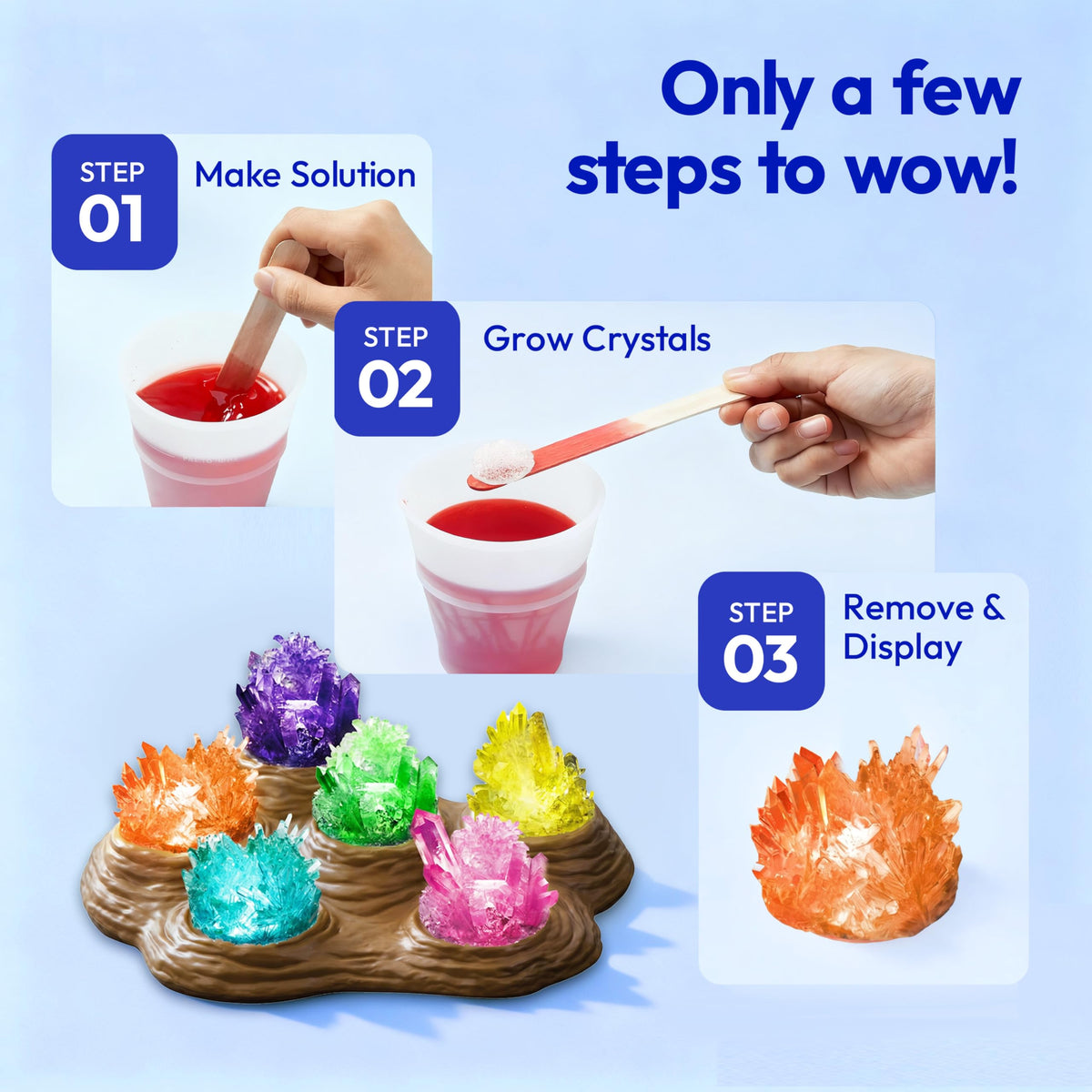 Klever Kits Crystal Growing Lab - 7 Color Kit with Light-Up Base