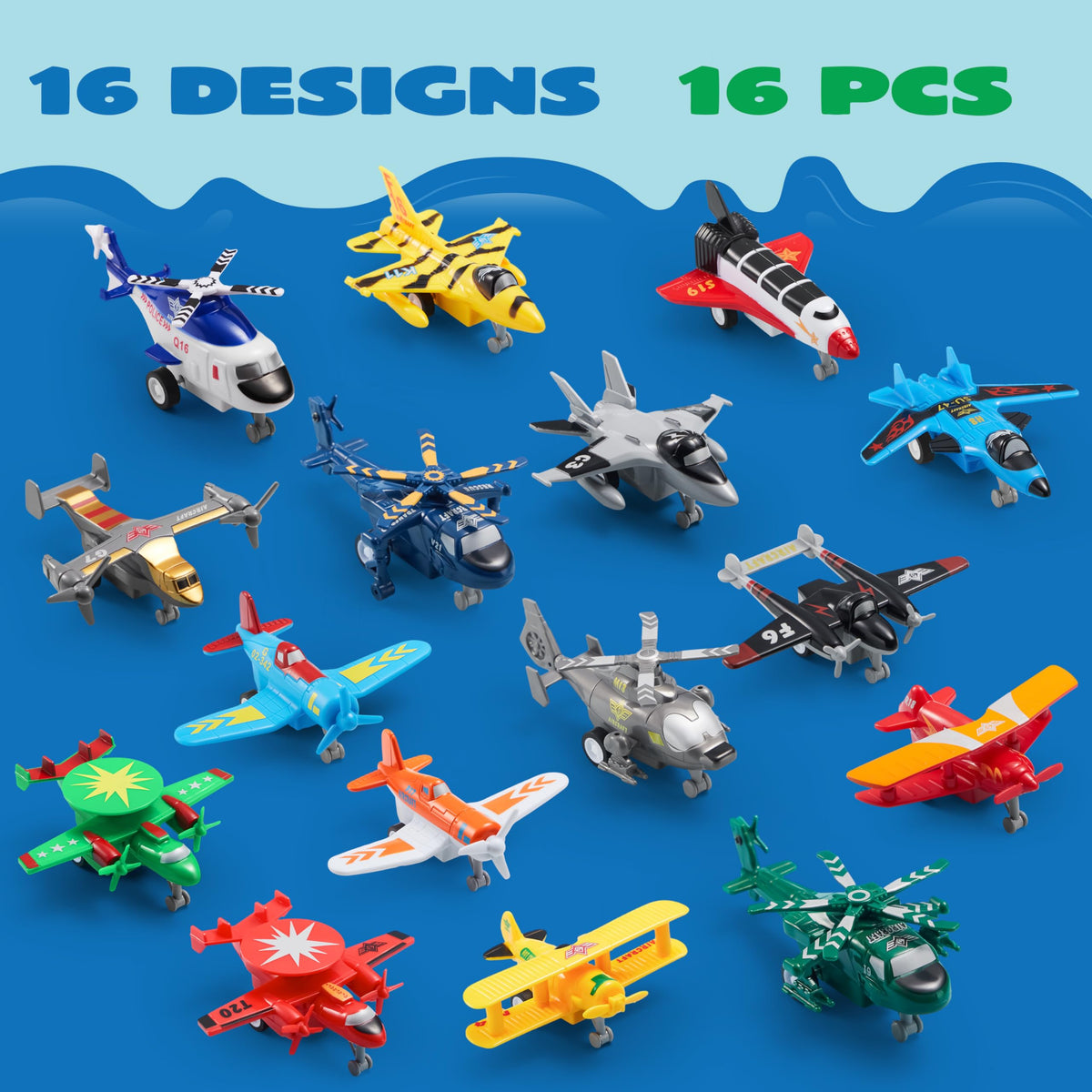 VROOMIX 16-Piece Pull-Back Airplane Toy Set (Fighter Jets, Helicopters & Bombers)