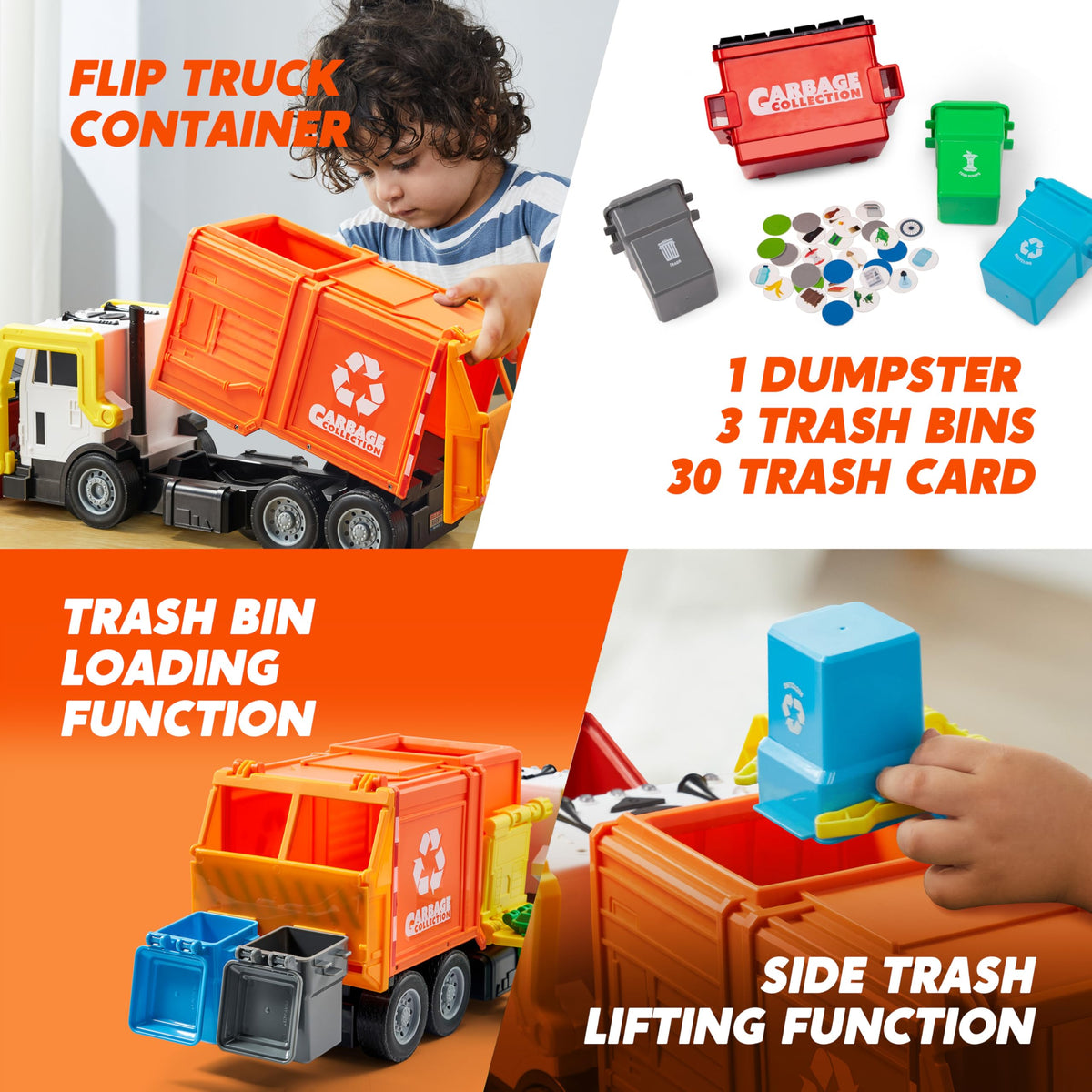 Vroomix Large Friction Powered Garbage Truck - Learning Cards, Orange