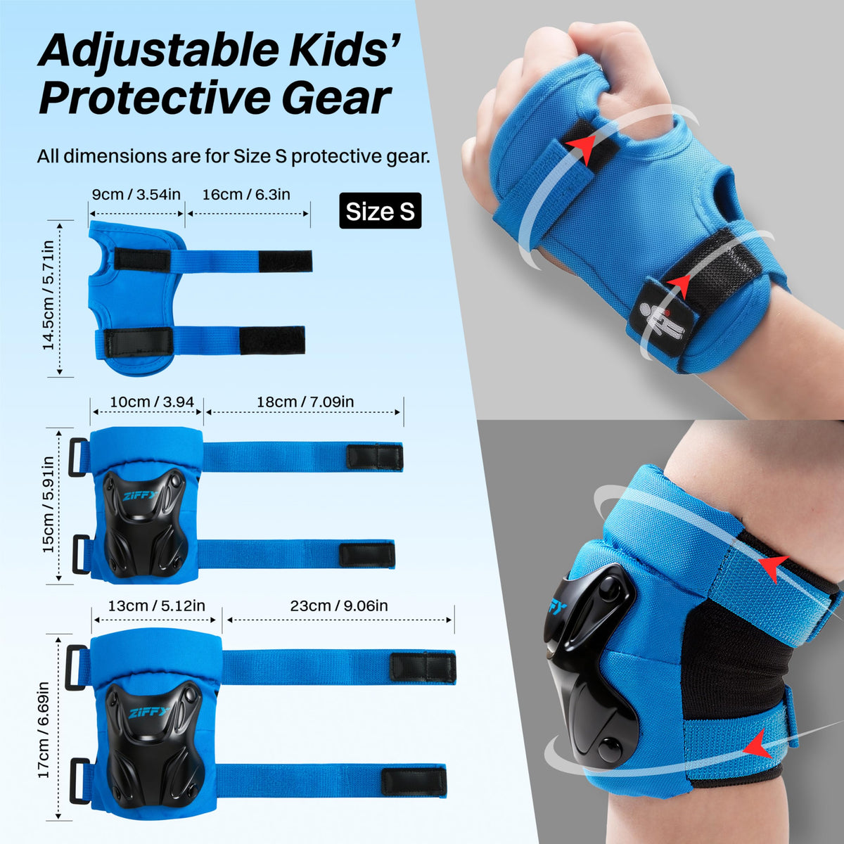 ZIFFY Kids Knee & Elbow Pads Set with Wrist Guards - Adjustable Protective Gear